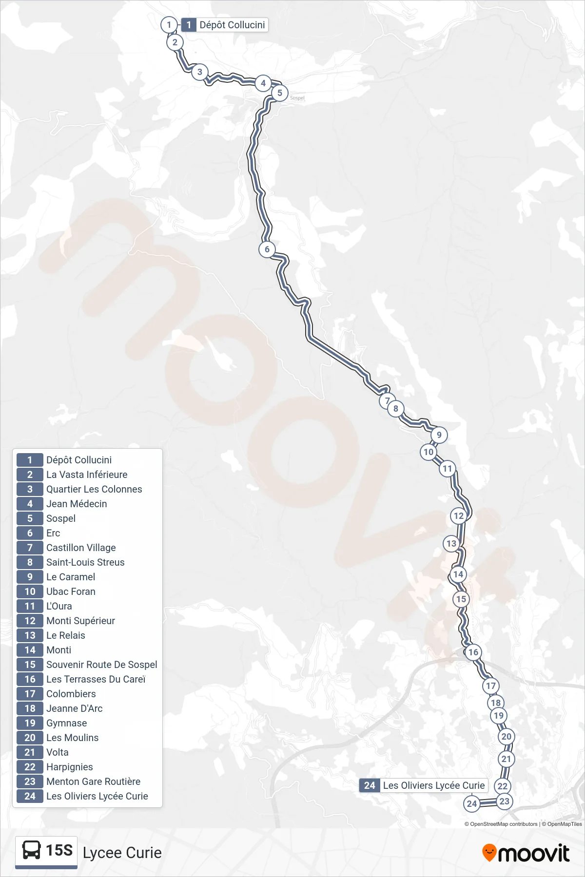 15S bus Line (Lycee Curie) route and stops on a map