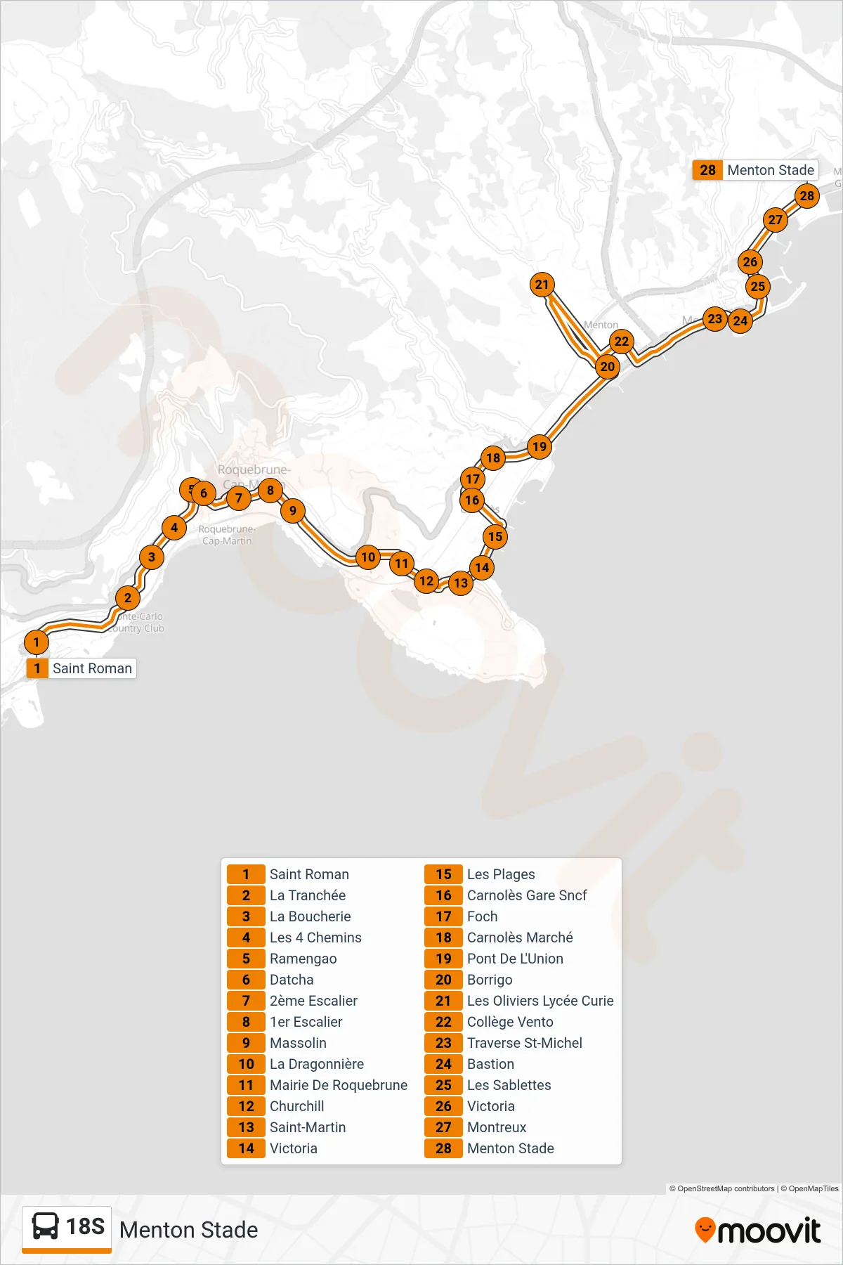 Tracé et arrêts de la ligne 18S de bus (Menton Stade) sur une carte
