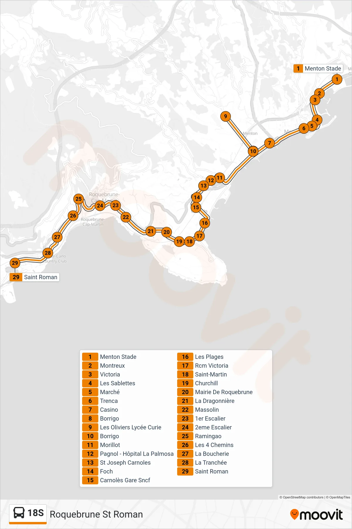 18S bus Line (Roquebrune St Roman) route and stops on a map