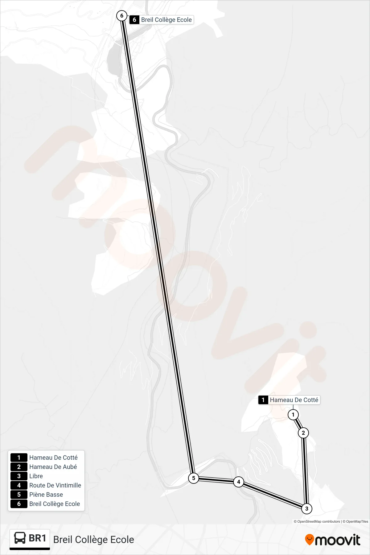 Tracé et arrêts de la ligne BR1 de bus (Breil Collège Ecole) sur une carte