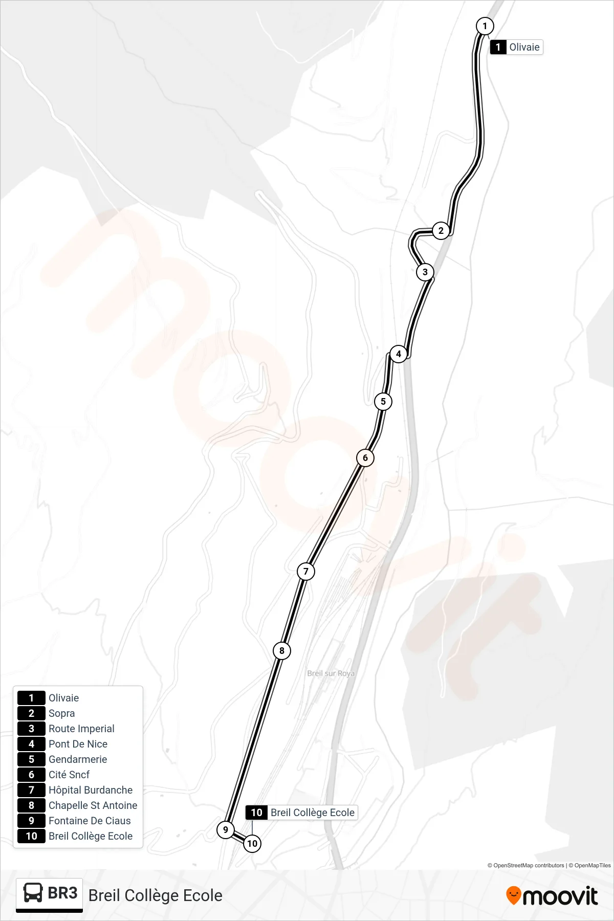 Tracé et arrêts de la ligne BR3 de bus (Breil Collège Ecole) sur une carte