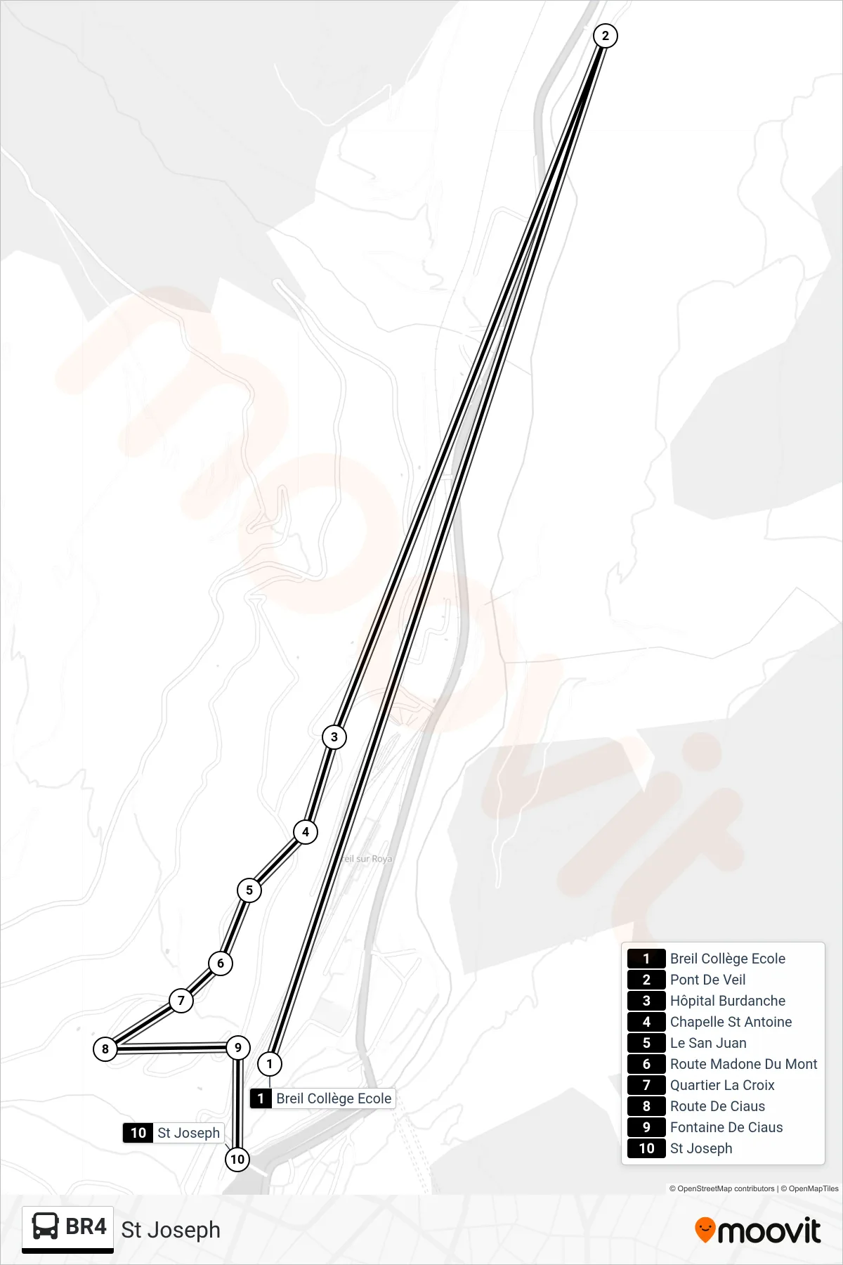 Tracé et arrêts de la ligne BR4 de bus (St Joseph) sur une carte