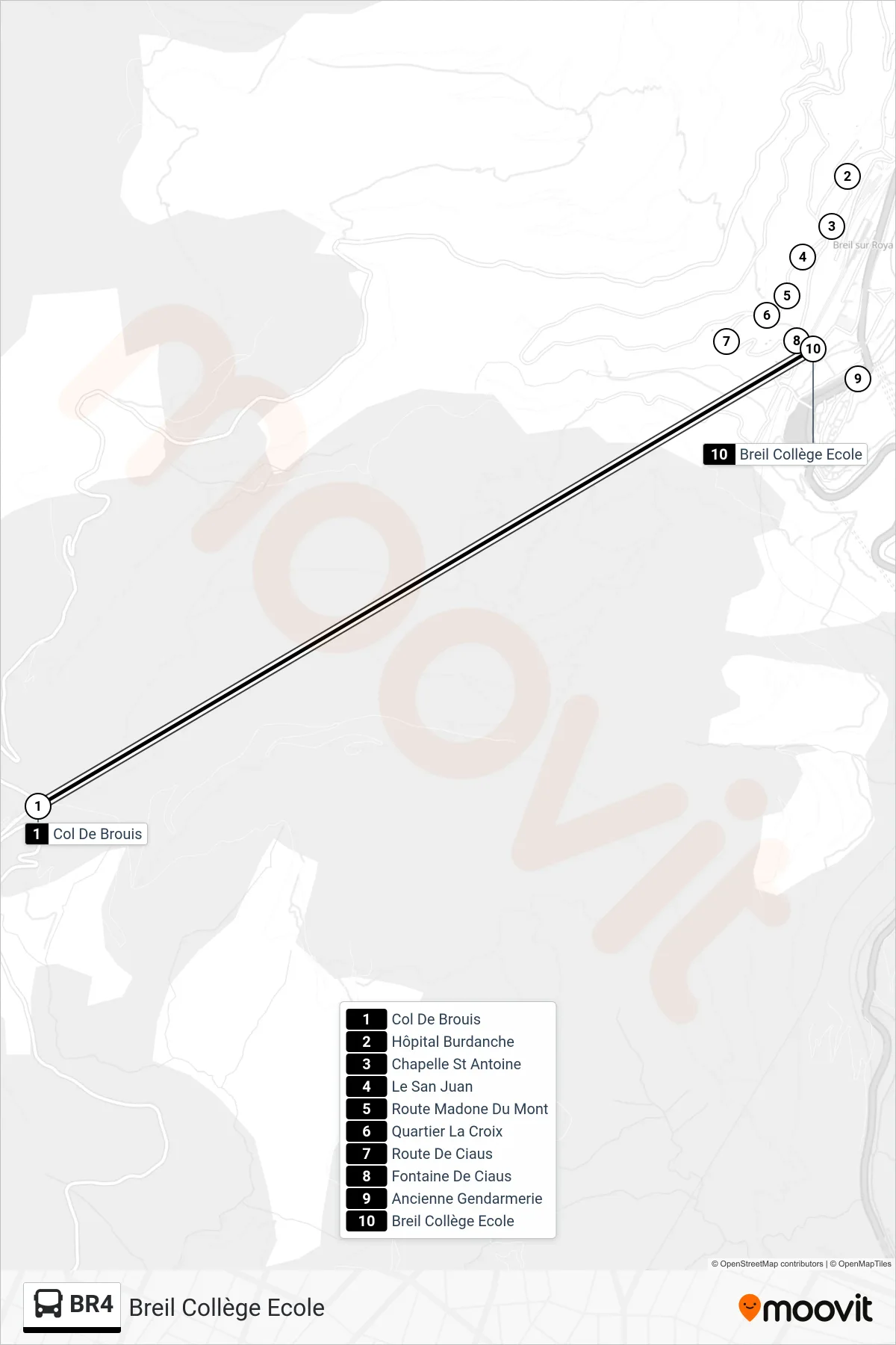 Tracé et arrêts de la ligne BR4 de bus (Breil Collège Ecole) sur une carte