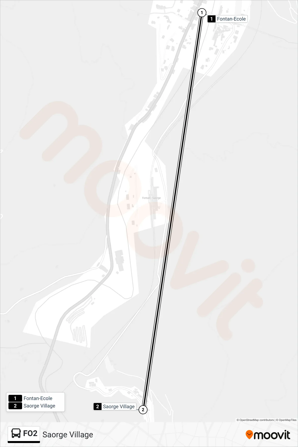 Tracé et arrêts de la ligne FO2 de bus (Saorge Village) sur une carte