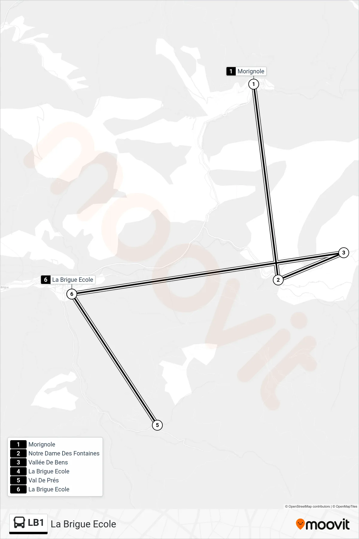 LB1 bus Line (La Brigue Ecole) route and stops on a map