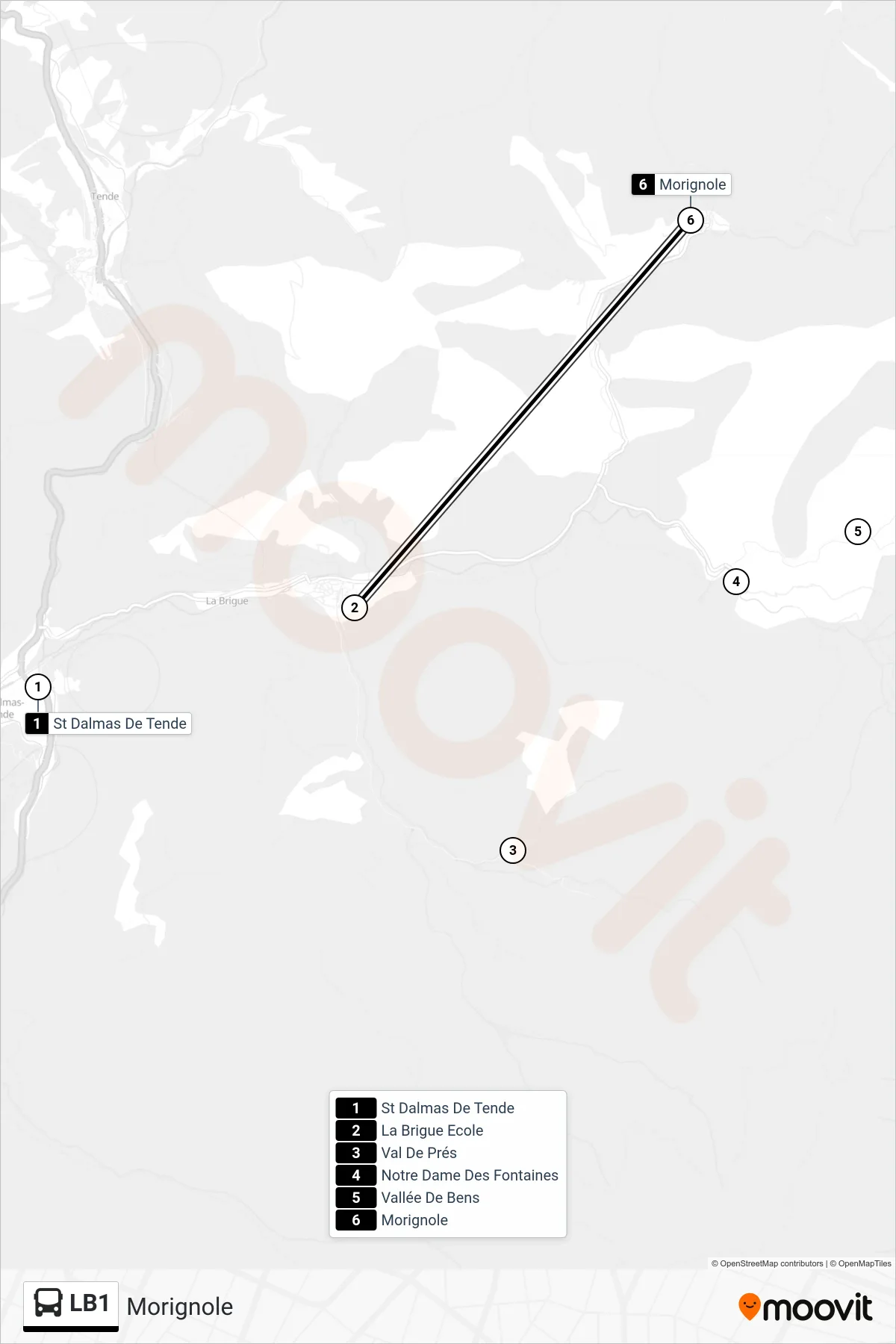LB1 bus Line (Morignole) route and stops on a map