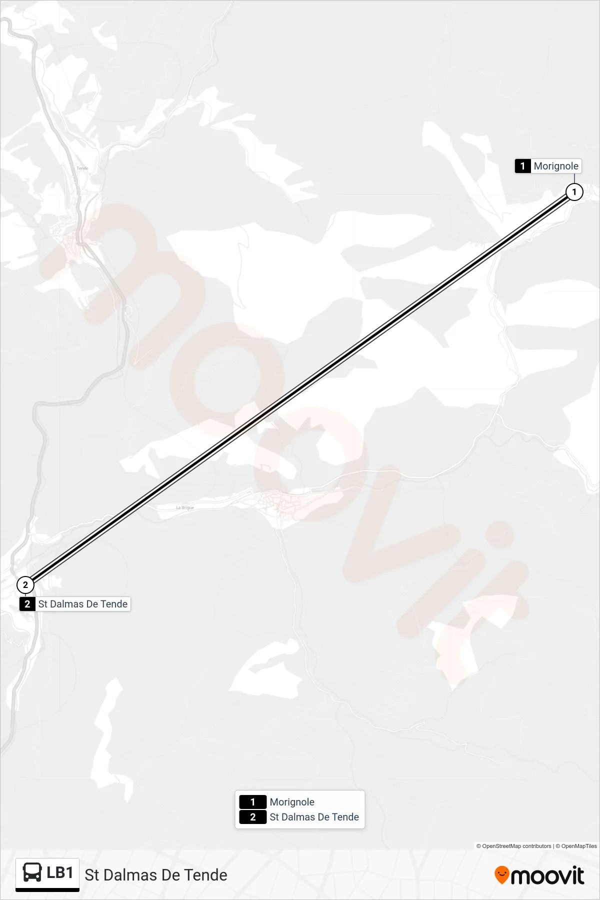 Tracé et arrêts de la ligne LB1 de bus (St Dalmas De Tende) sur une carte