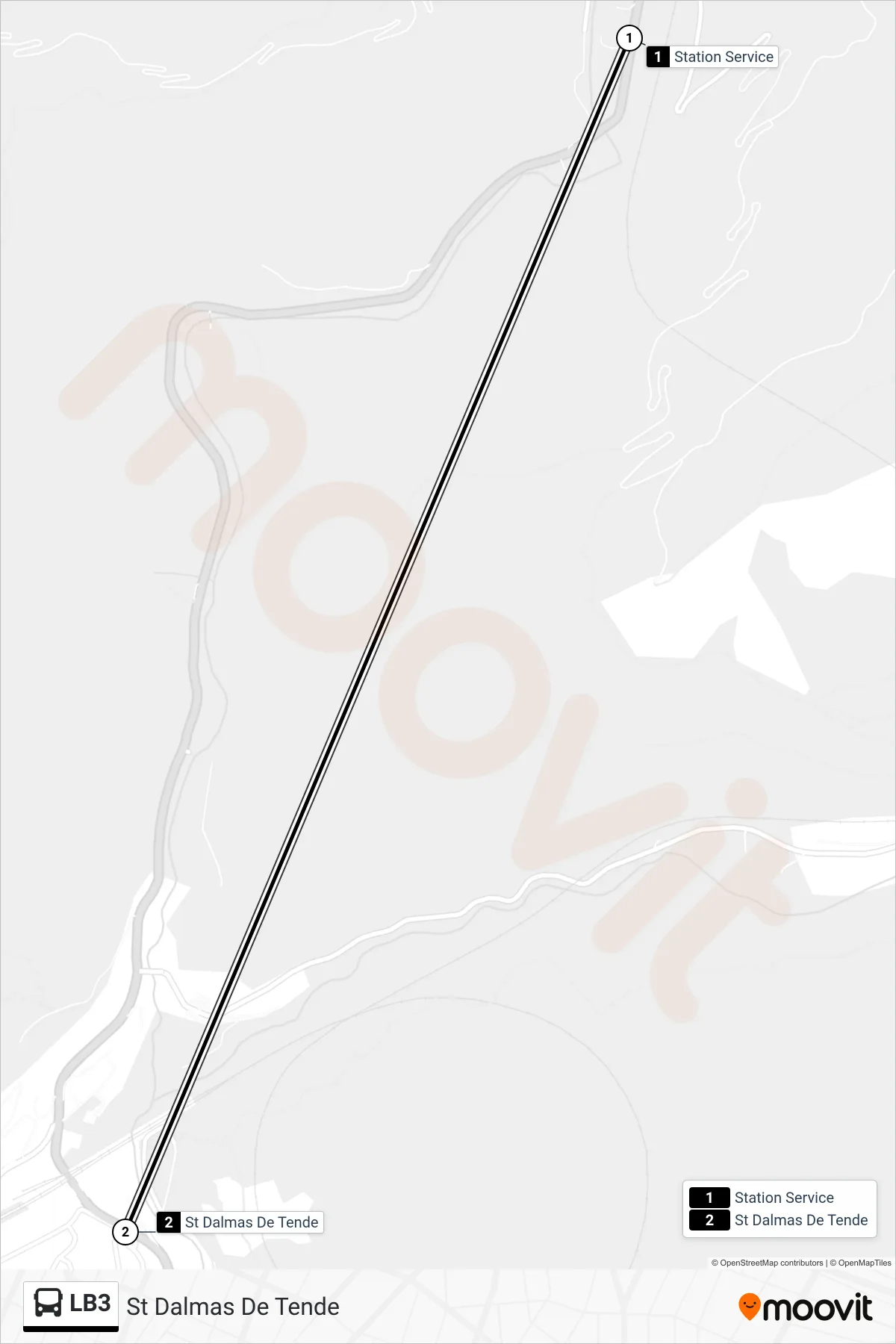 Tracé et arrêts de la ligne LB3 de bus (St Dalmas De Tende) sur une carte