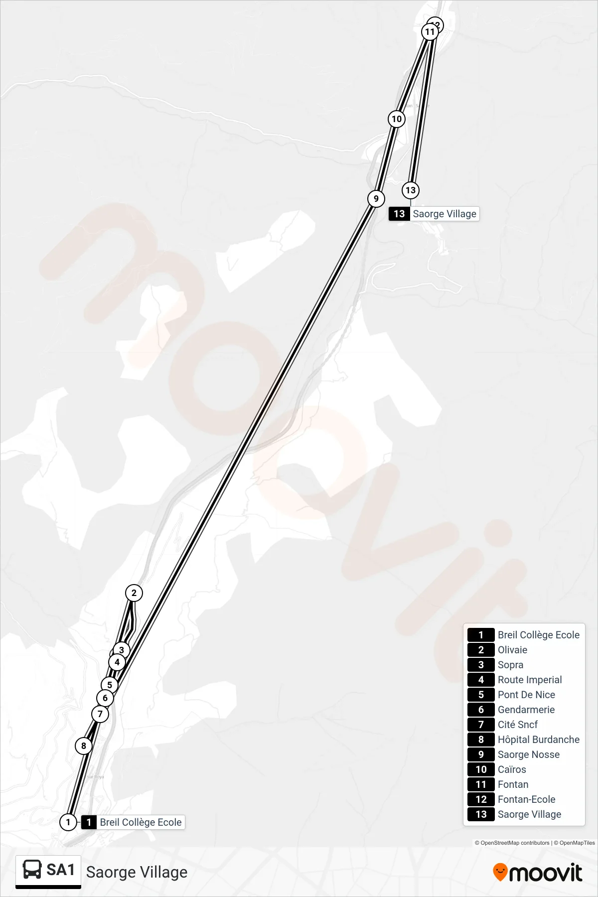 Tracé et arrêts de la ligne SA1 de bus (Saorge Village) sur une carte