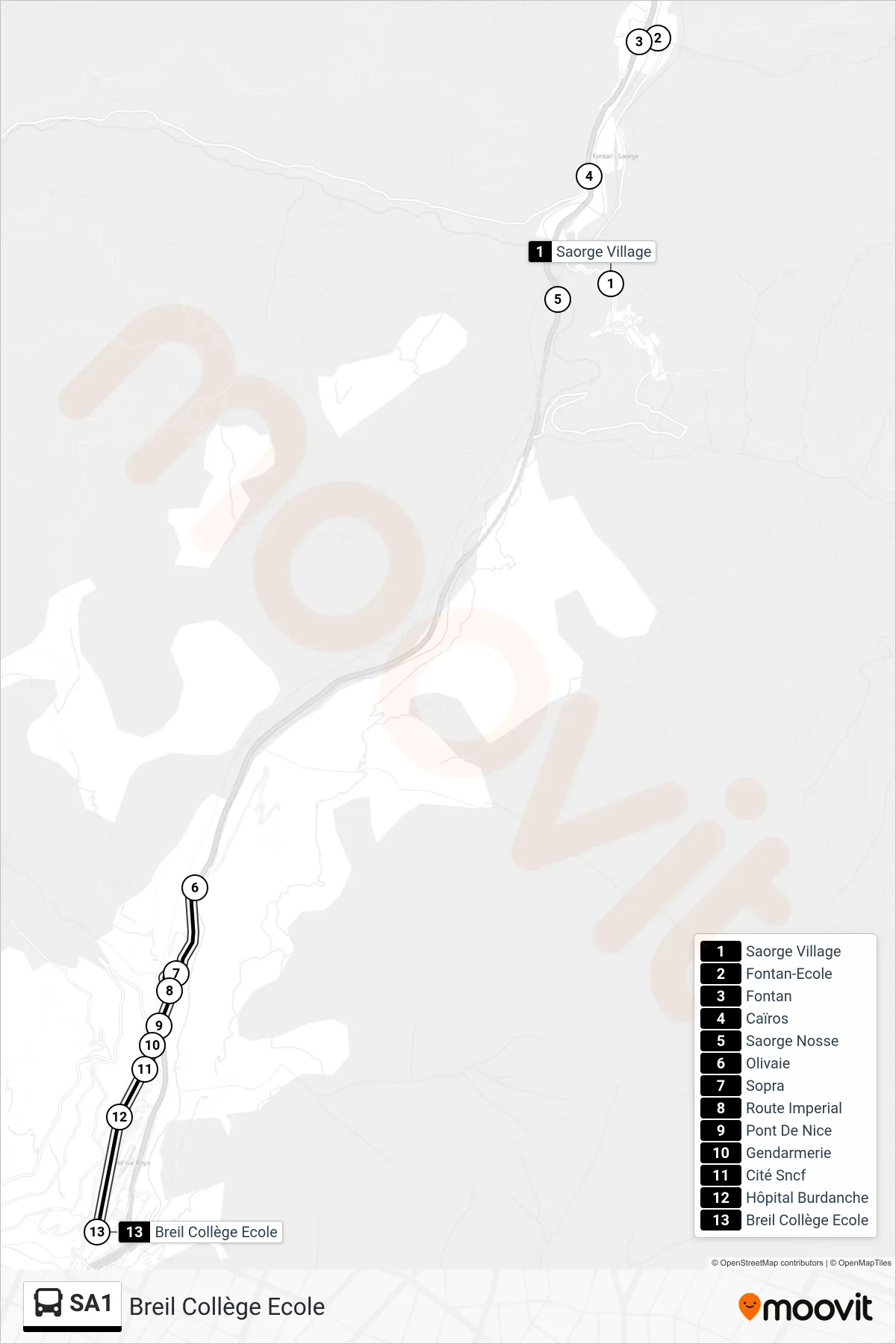 SA1 bus Line (Breil Collège Ecole) route and stops on a map