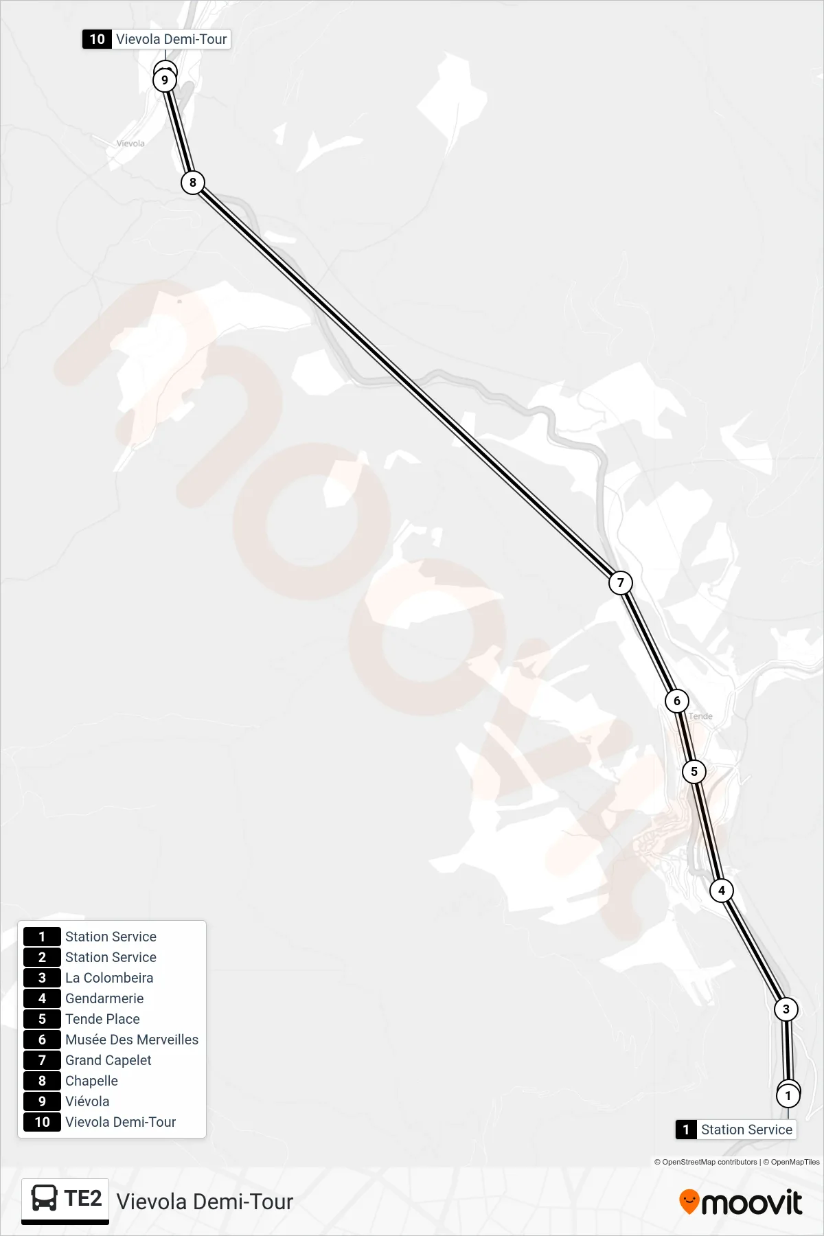 TE2 bus Line (Vievola Demi-Tour) route and stops on a map