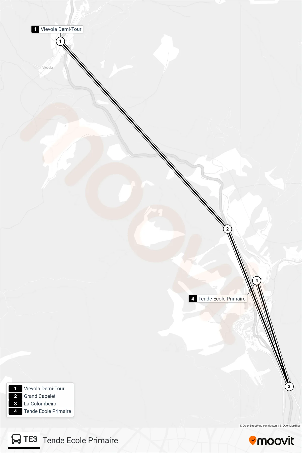 Tracé et arrêts de la ligne TE3 de bus (Tende Ecole Primaire) sur une carte