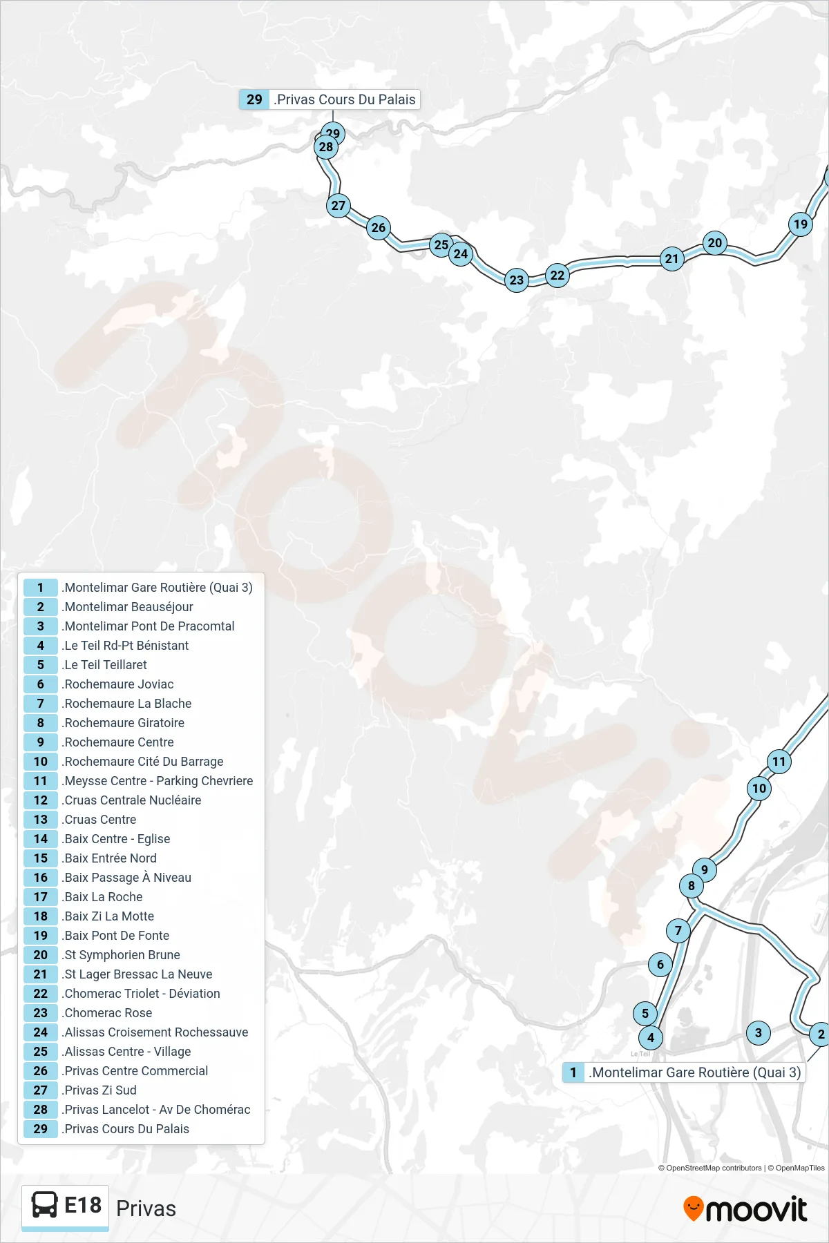 E18 bus Line (Privas) route and stops on a map