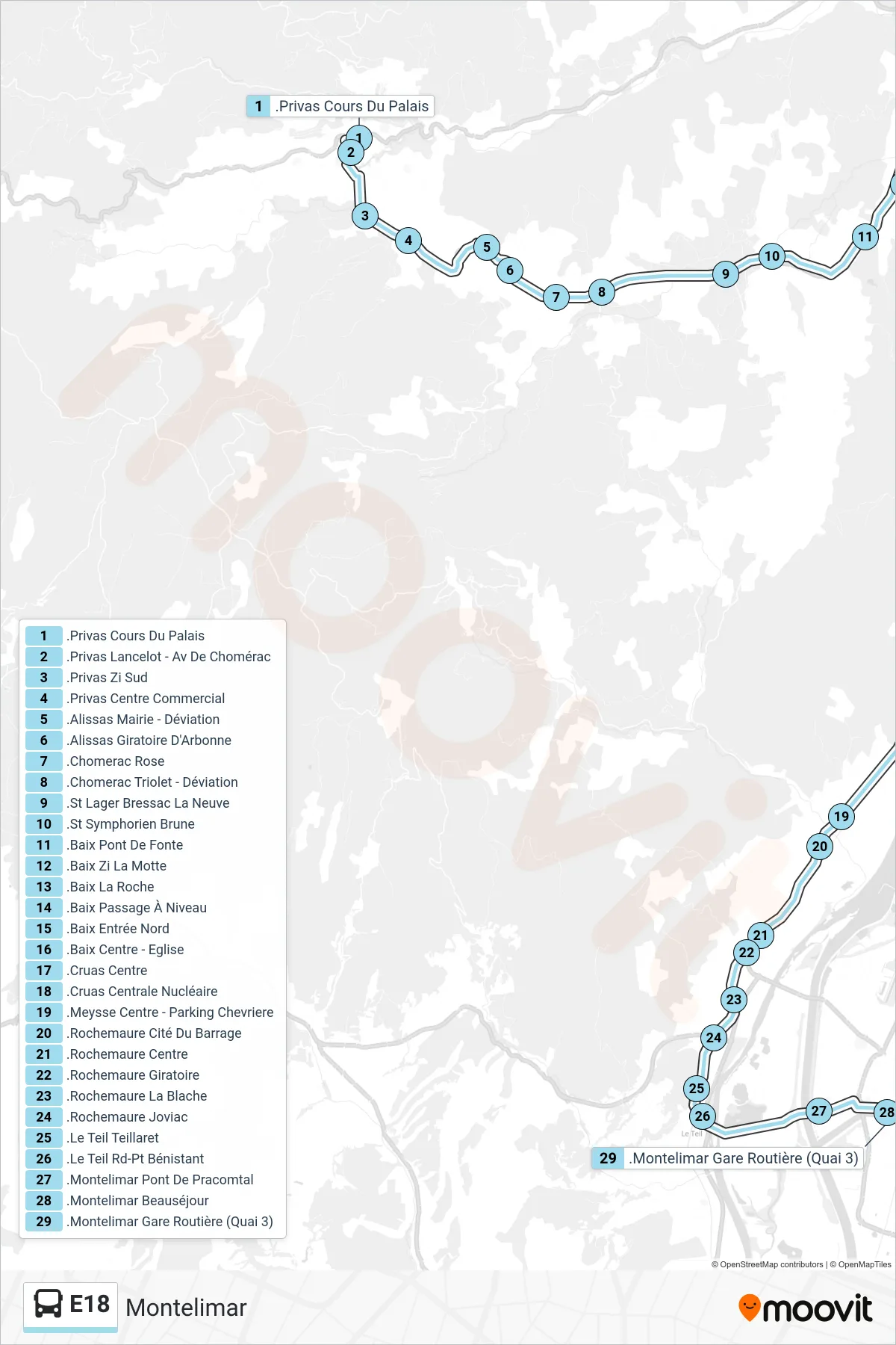 Tracé et arrêts de la ligne E18 de bus (Montelimar) sur une carte