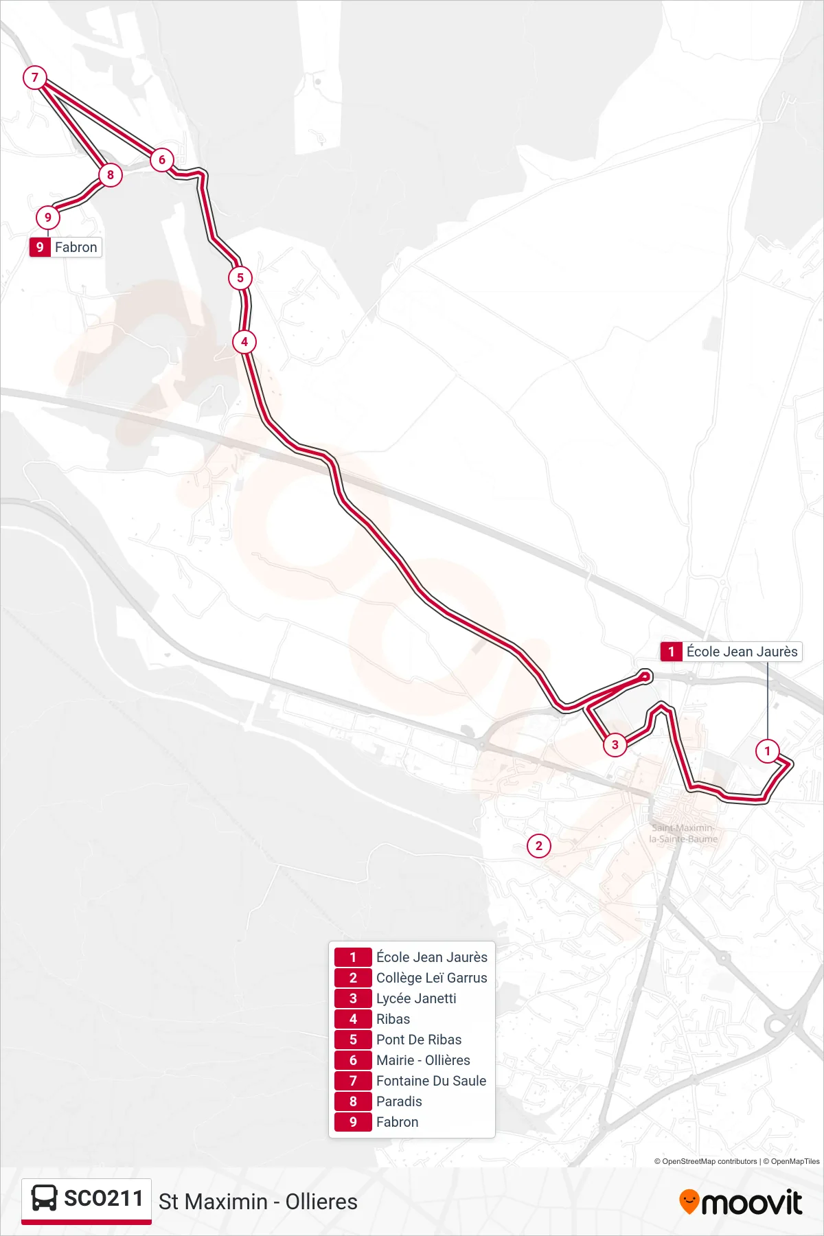 Tracé et arrêts de la ligne SCO211 de bus (St Maximin - Ollieres) sur une carte
