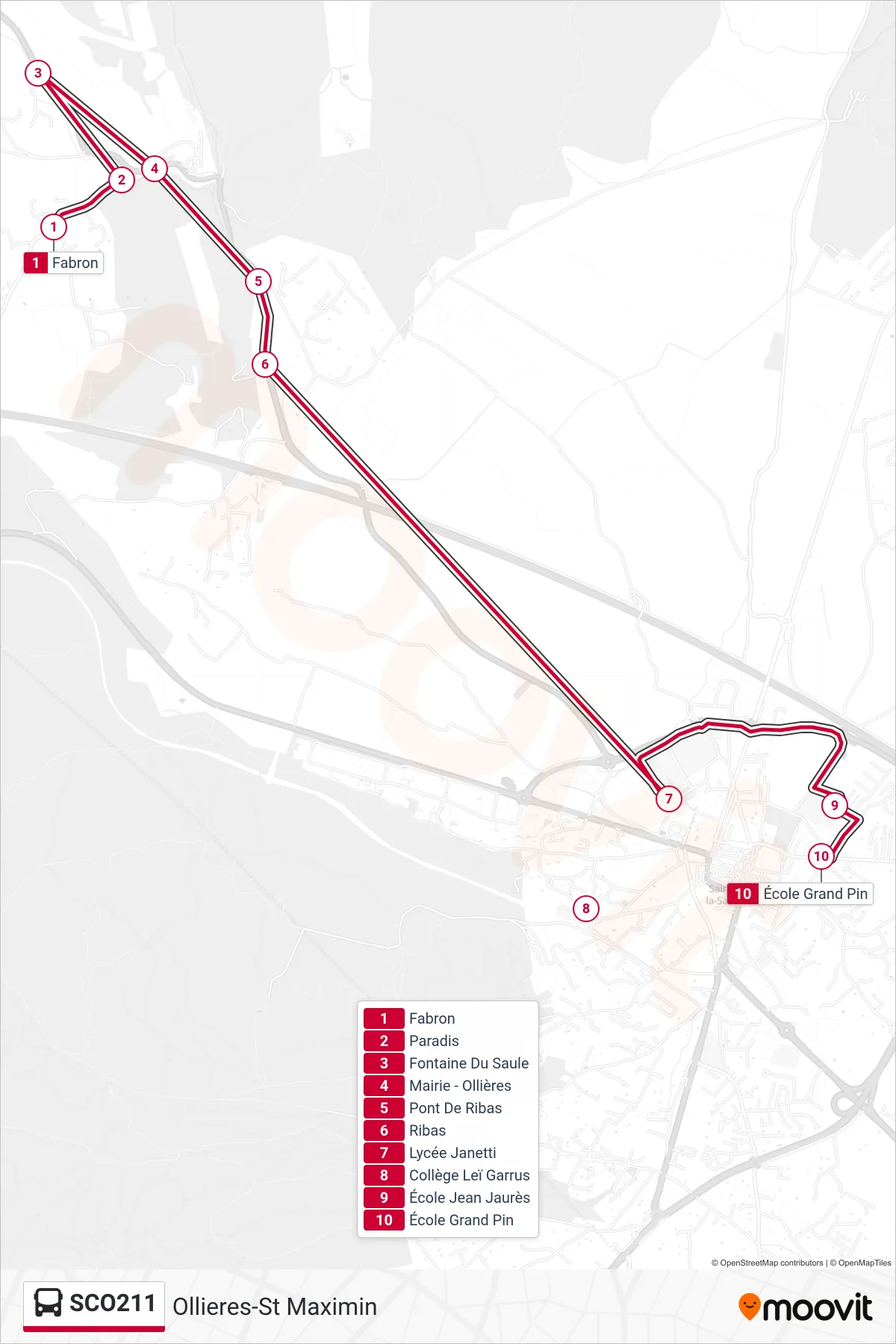 SCO211 bus Line (Ollieres-St Maximin) route and stops on a map