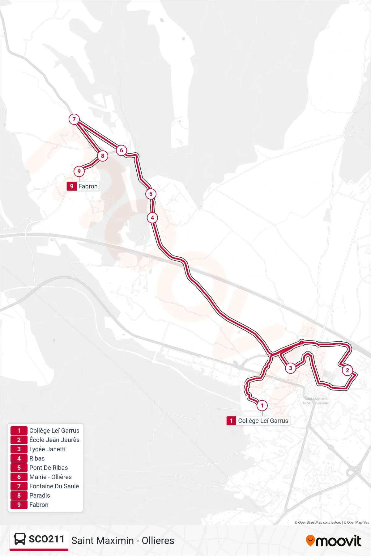 SCO211 bus Line (Saint Maximin - Ollieres) route and stops on a map
