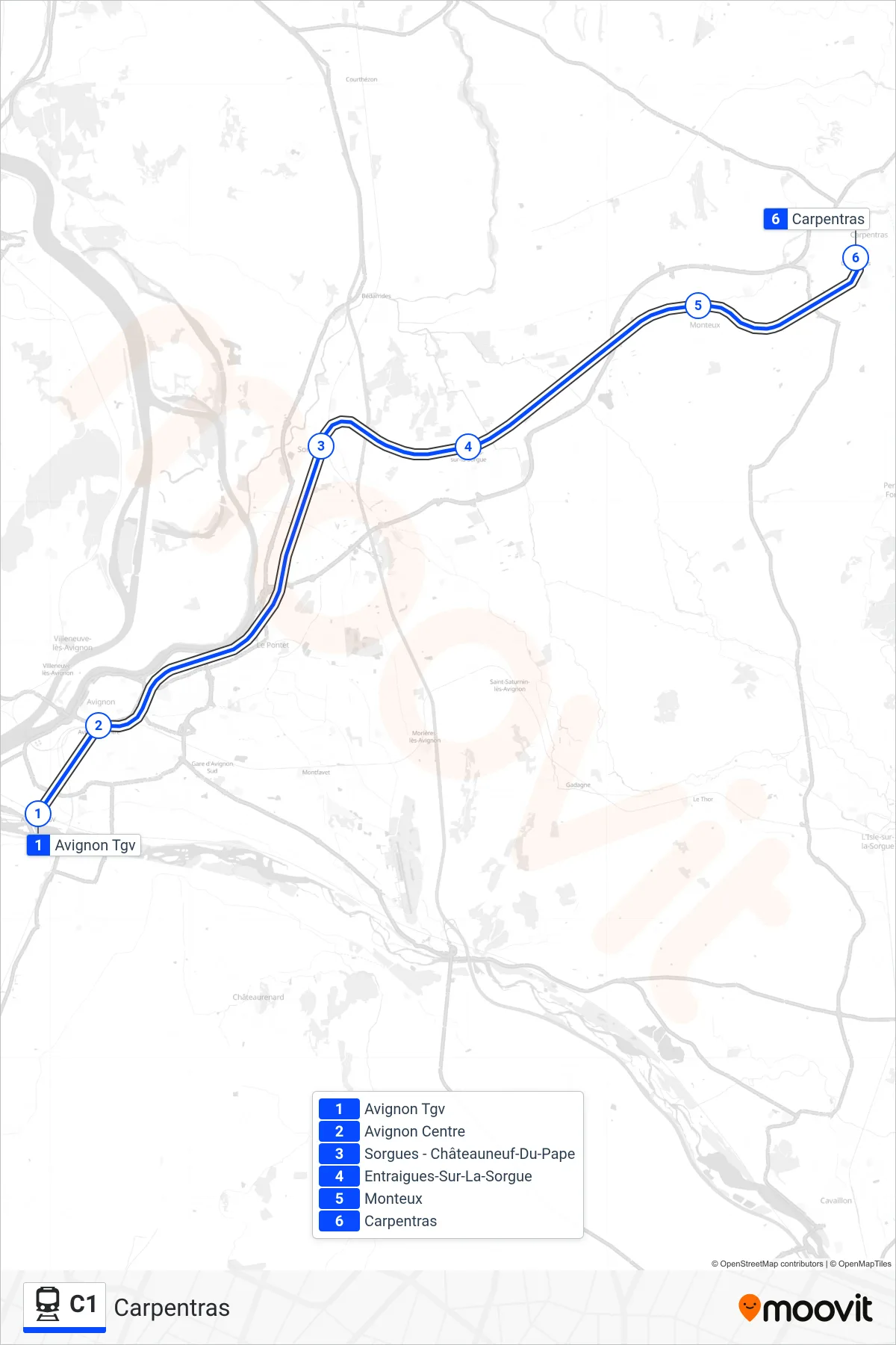 C1 rail Line (Carpentras) route and stops on a map