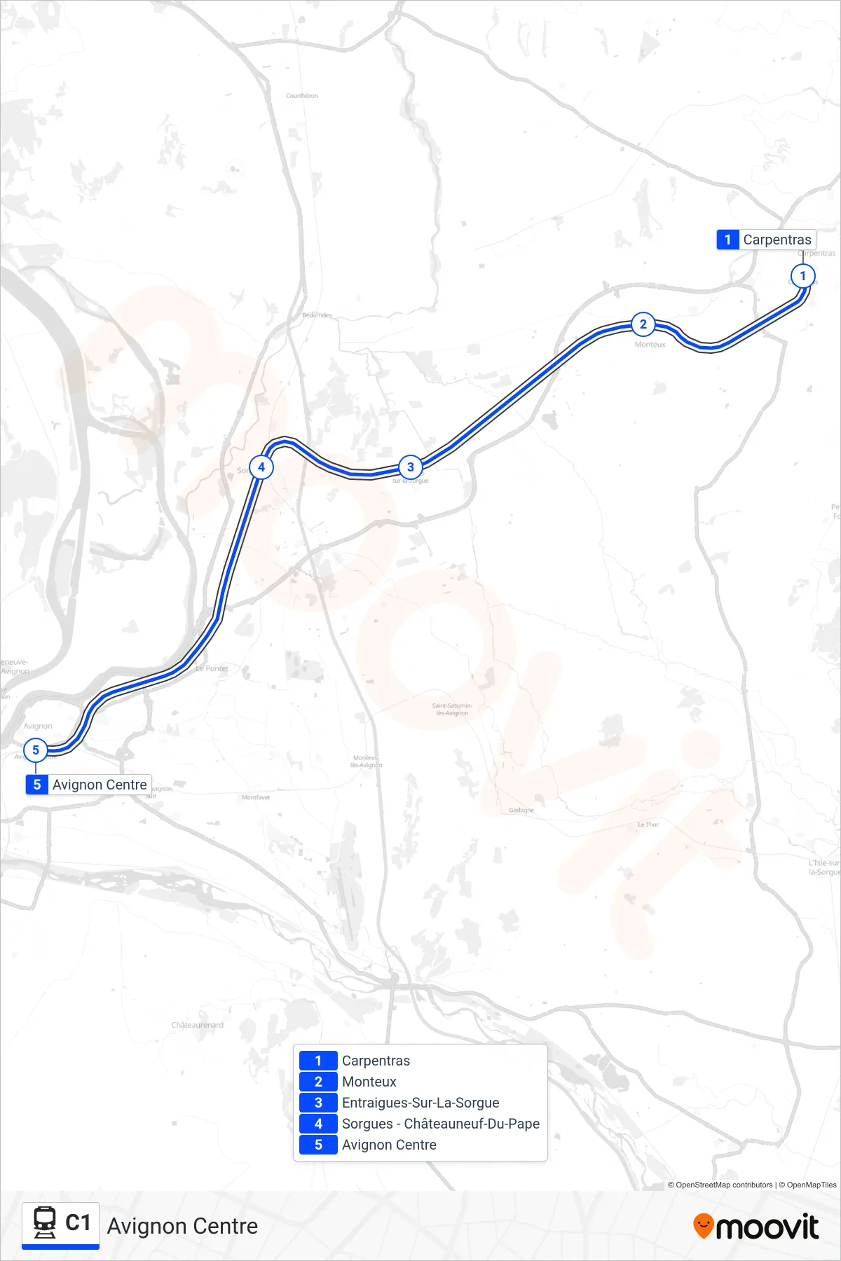 C1 train Line (Avignon Centre) route and stops on a map