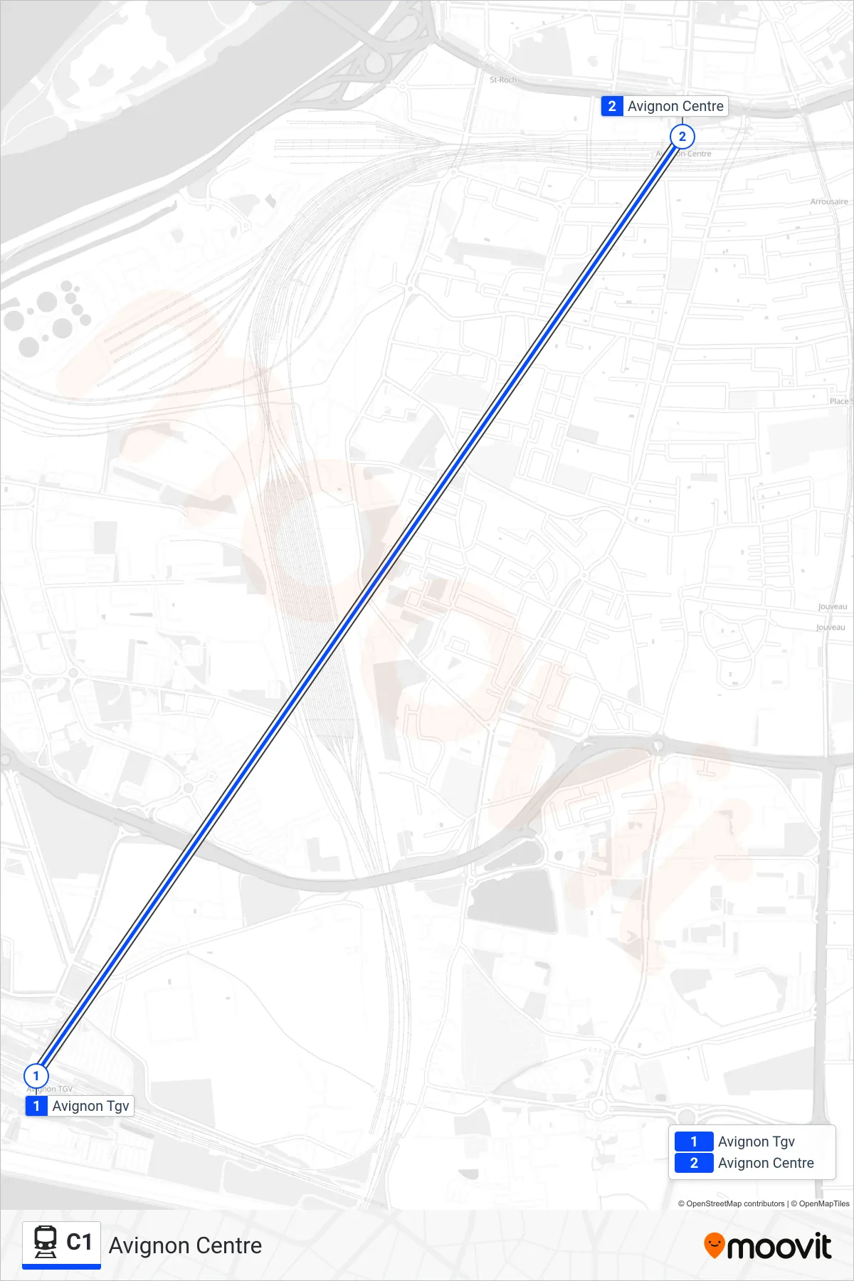 C1 rail Line (Avignon Centre) route and stops on a map