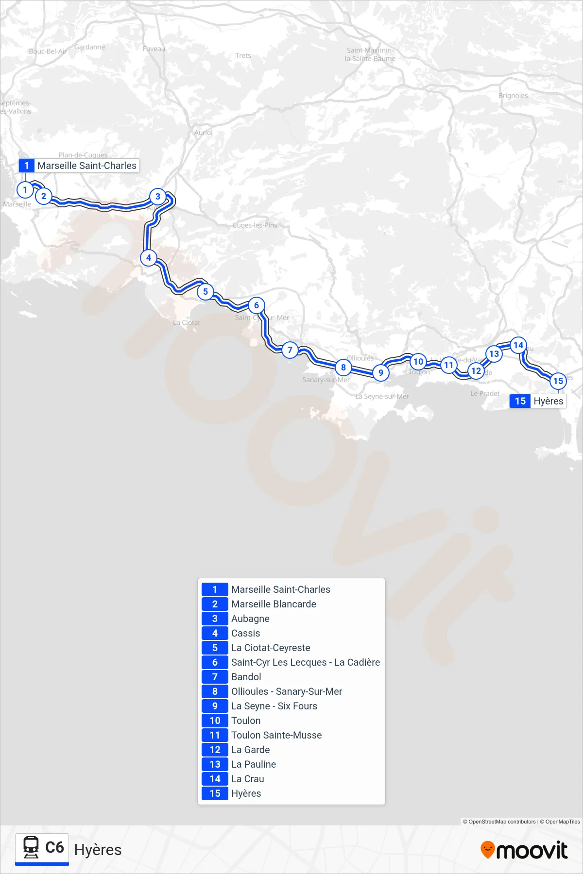 C6 train Line (Hyères) route and stops on a map