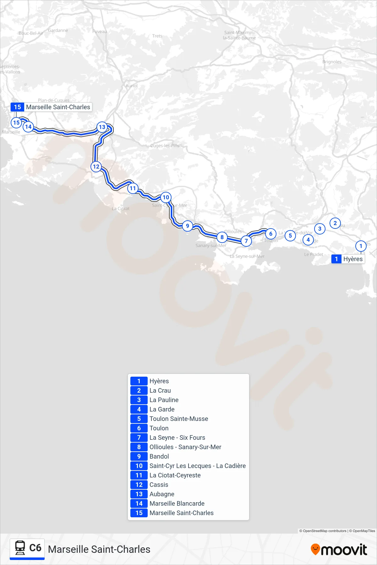 C6 train Line (Marseille Saint-Charles) route and stops on a map