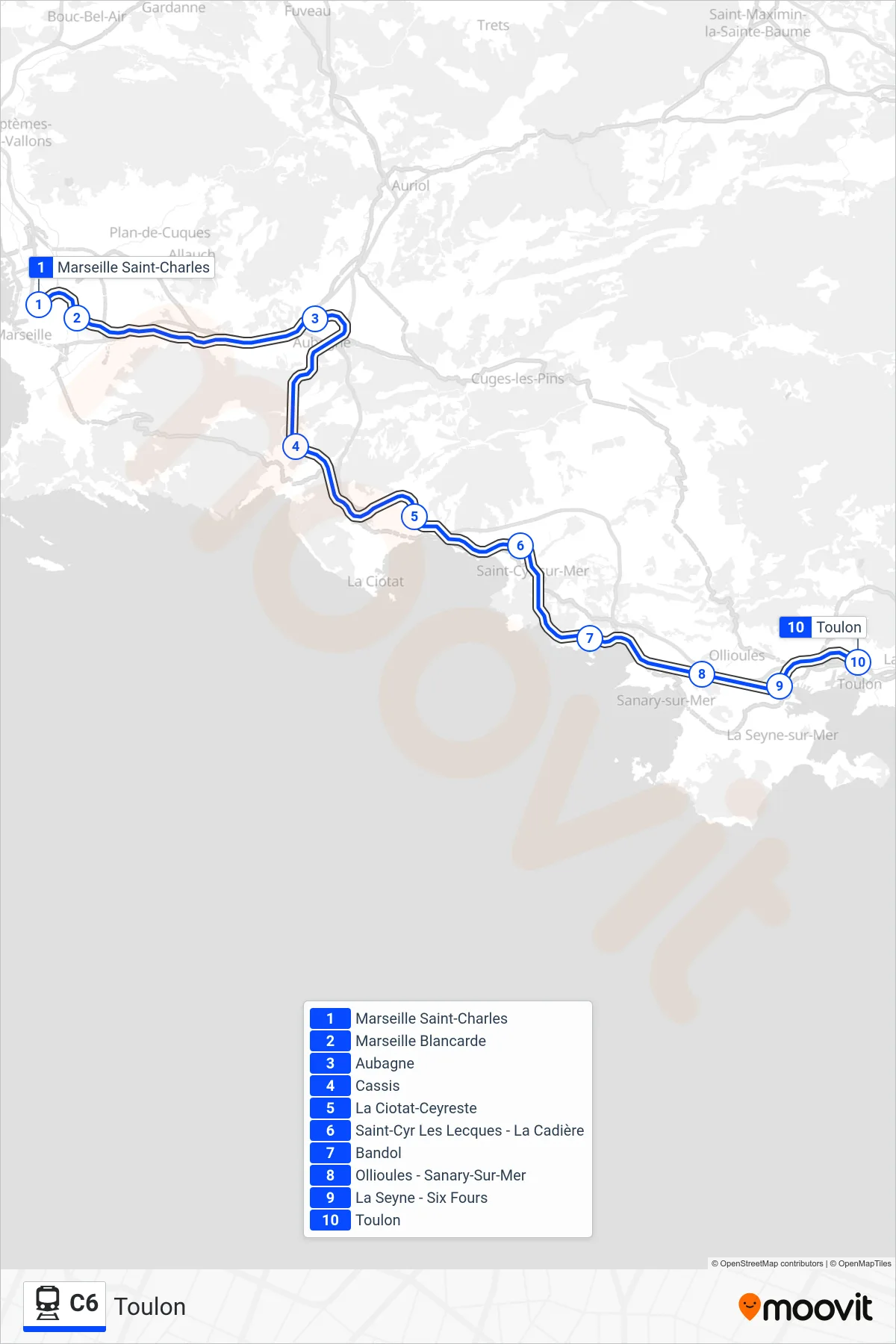 Tracé et arrêts de la ligne C6 de train (Toulon) sur une carte