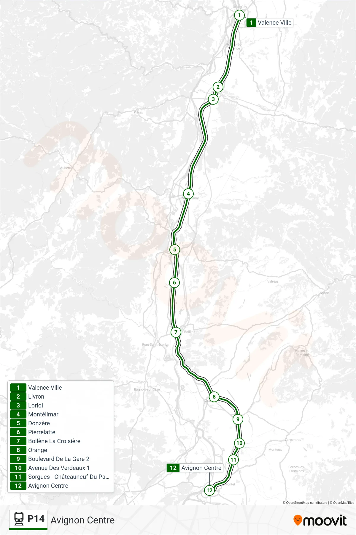 Tracé et arrêts de la ligne P14 de train (Avignon Centre) sur une carte