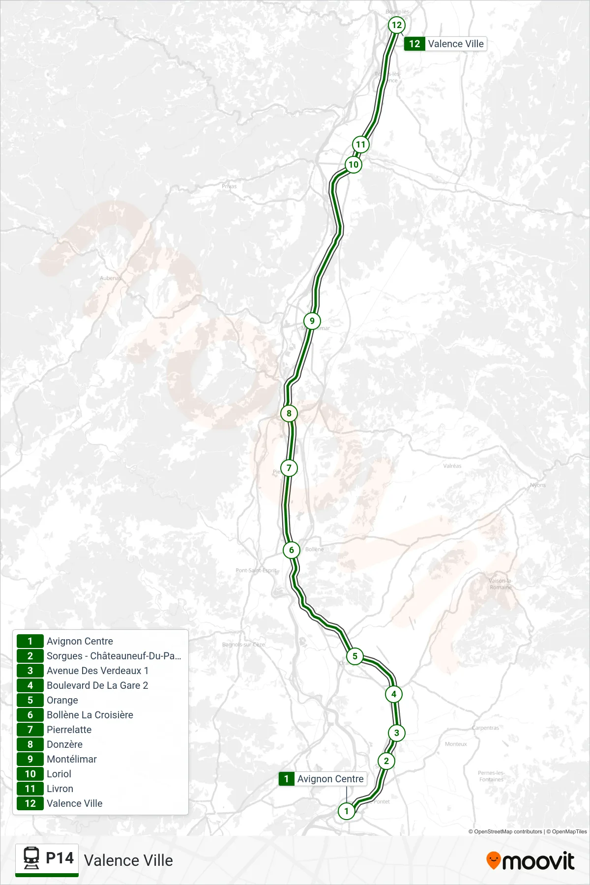 P14 rail Line (Valence Ville) route and stops on a map