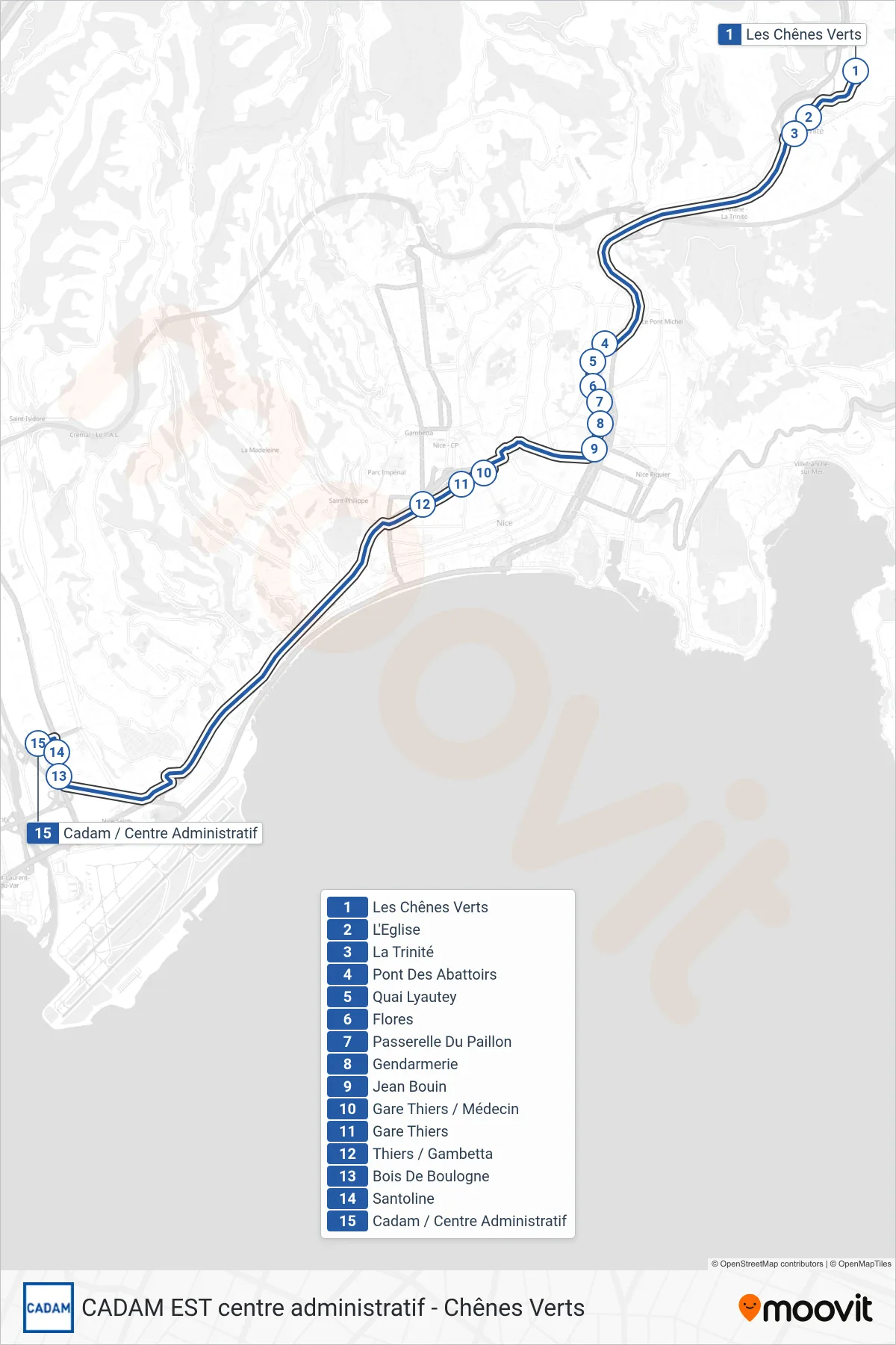 Tracé et arrêts de la ligne CE de bus (Cadam / Centre Administratif) sur une carte