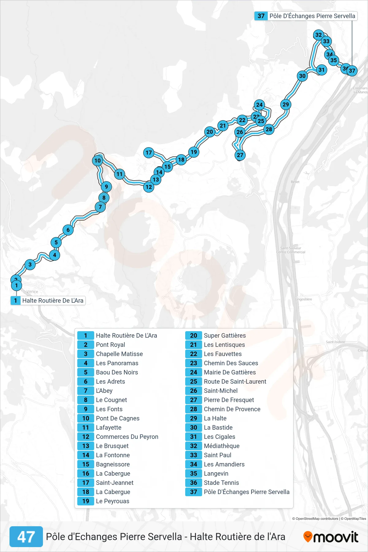 Tracé et arrêts de la ligne 47 de bus (Pôle D'Échanges Pierre Servella) sur une carte