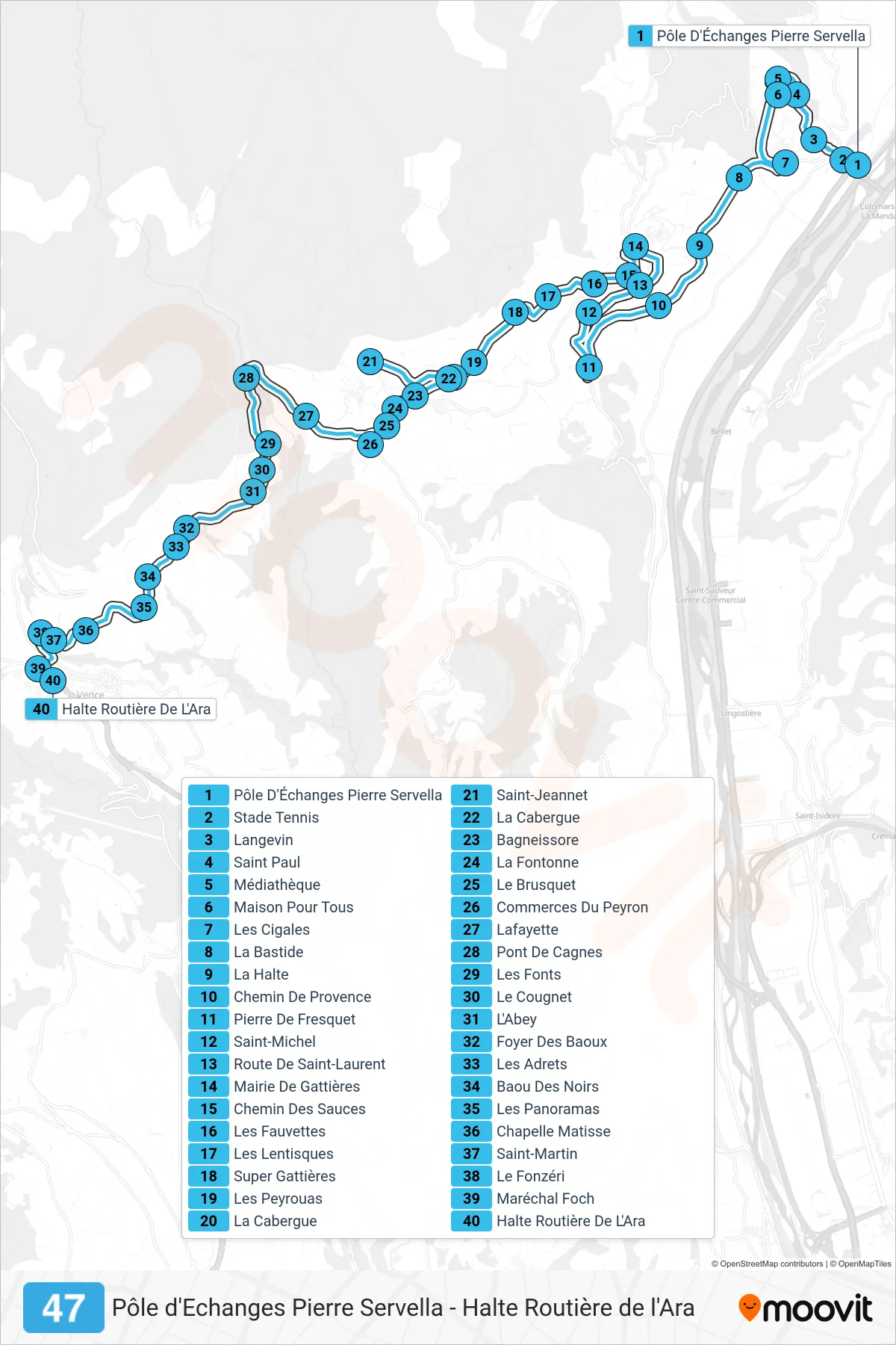 47 bus Line (Halte Routière De L'Ara) route and stops on a map