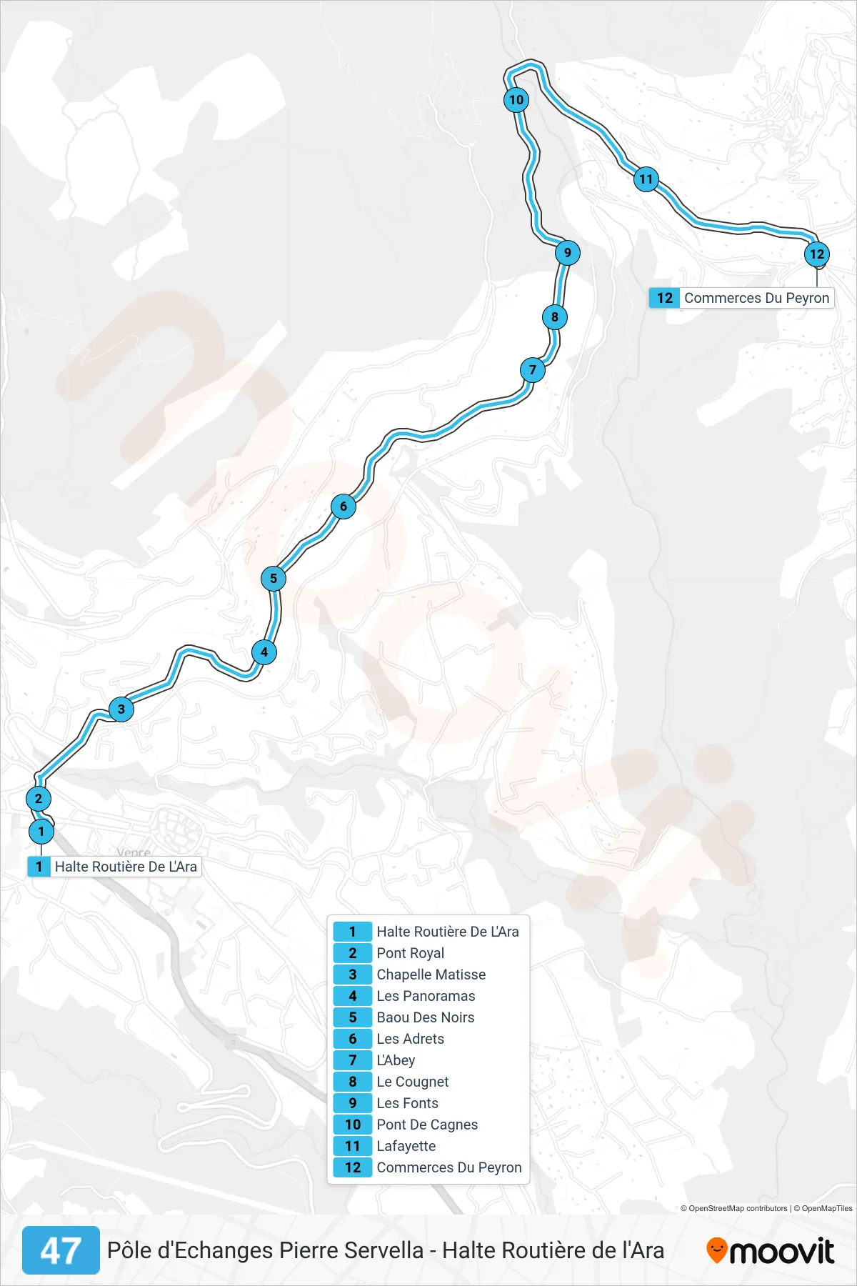 47 bus Line (Commerces Du Peyron) route and stops on a map