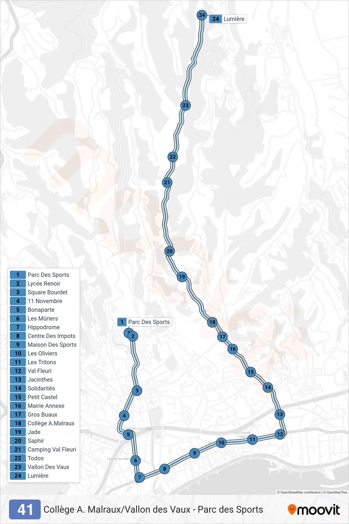 41 bus Line (Lumière) route and stops on a map