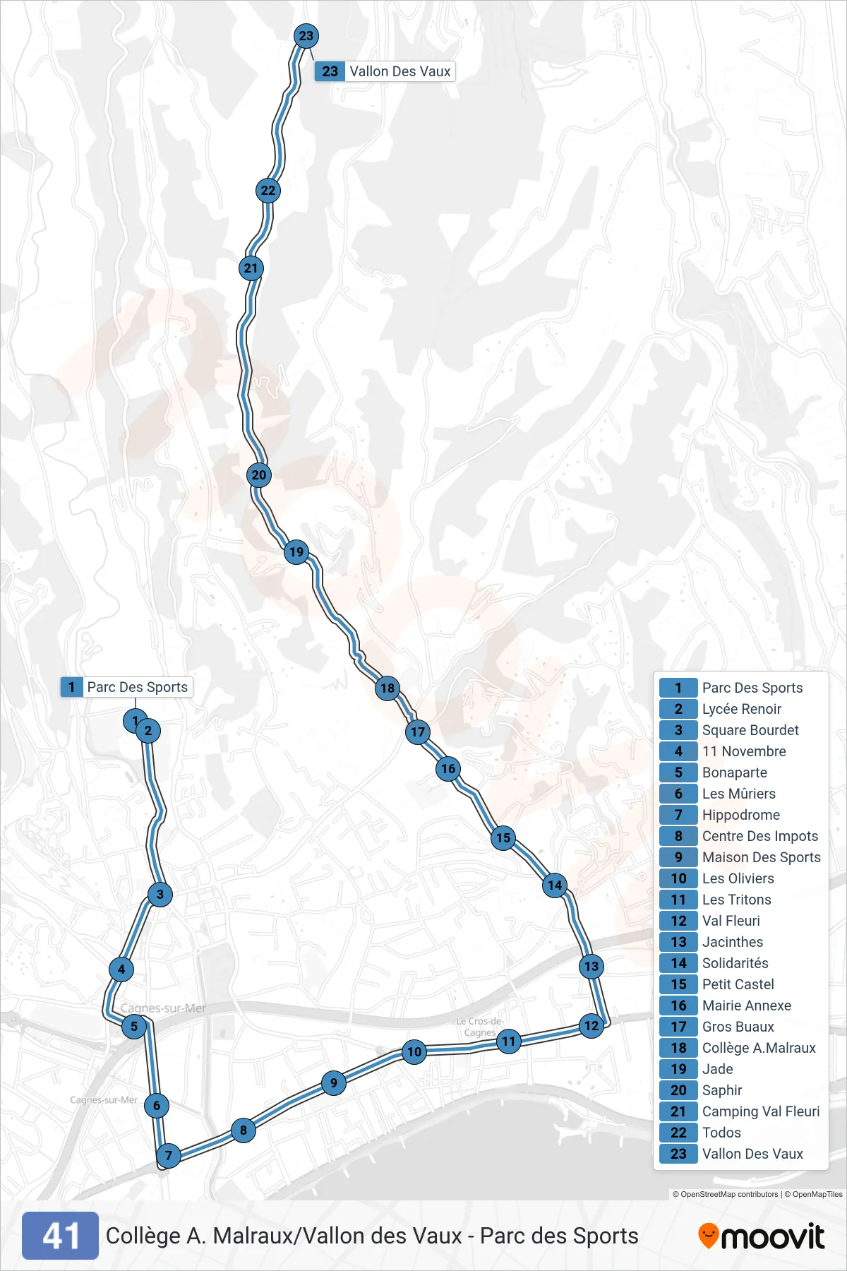 41 bus Line (Vallon Des Vaux) route and stops on a map