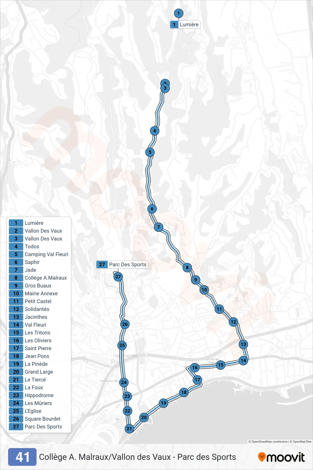 Tracé et arrêts de la ligne 41 de bus (Parc Des Sports) sur une carte