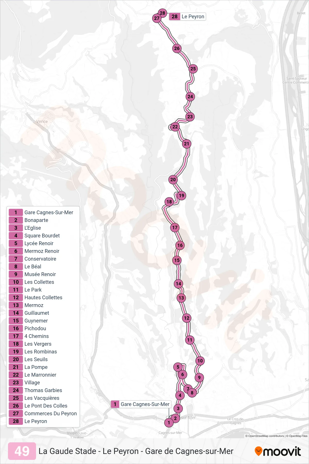 Tracé et arrêts de la ligne 49 de bus (Le Peyron) sur une carte
