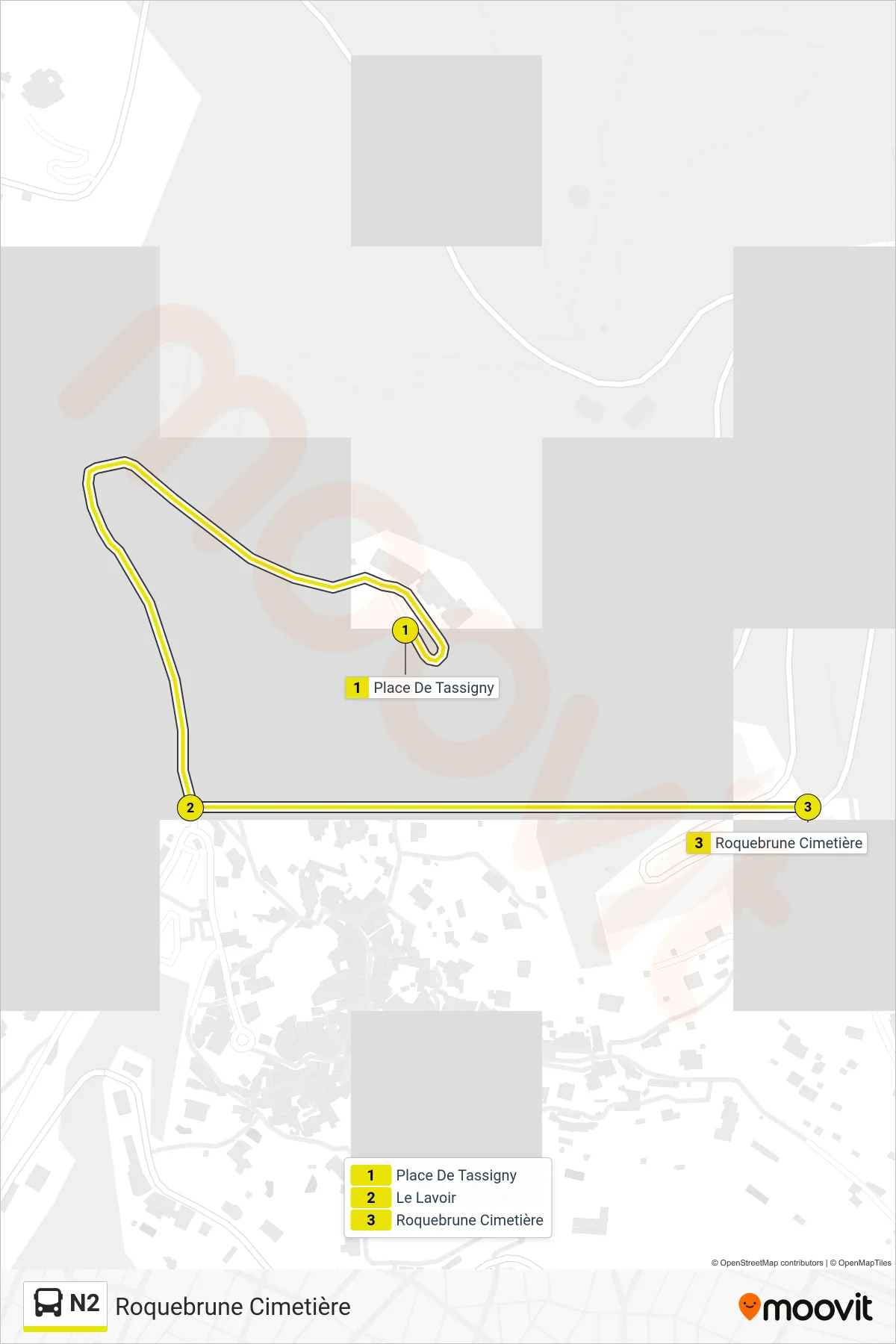 Tracé et arrêts de la ligne N2 de bus (Roquebrune Cimetière) sur une carte