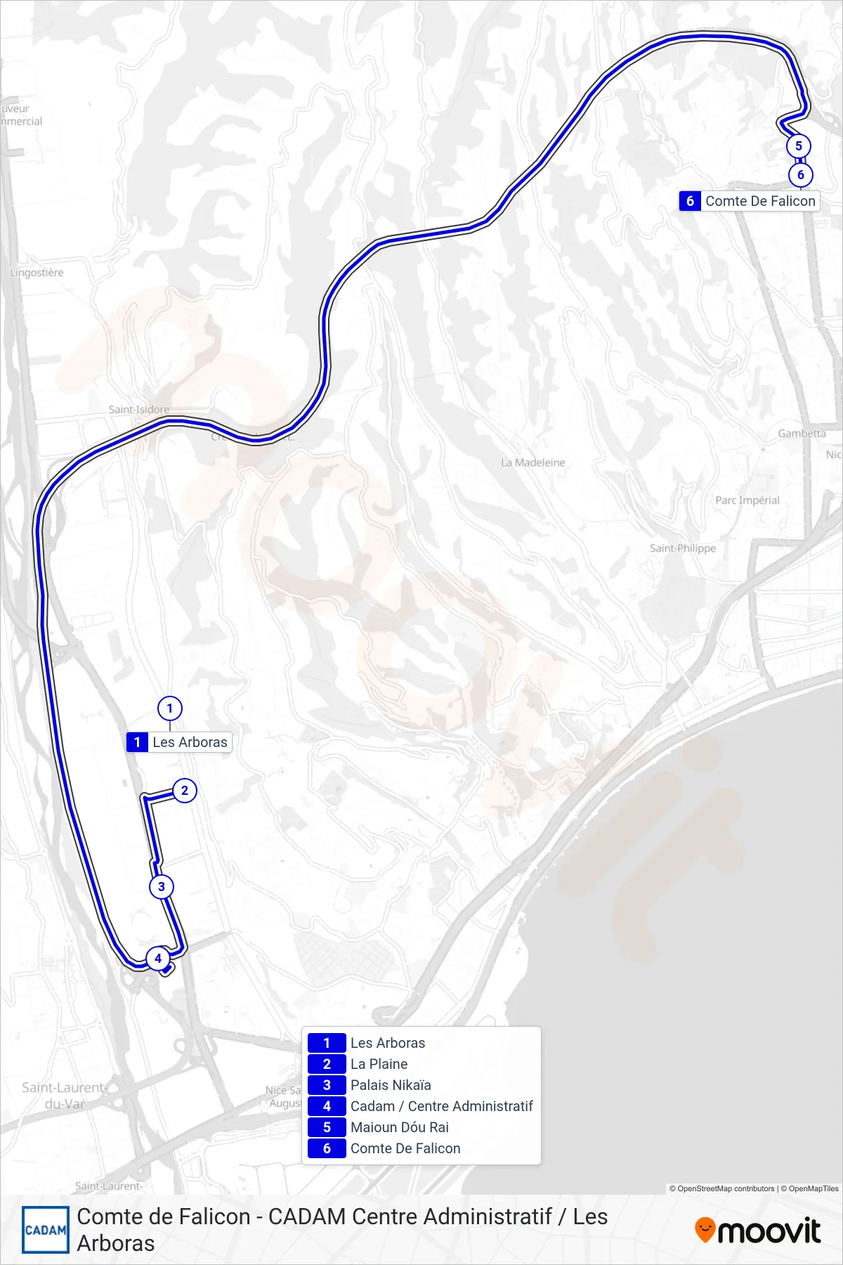 CN bus Line (Comte De Falicon) route and stops on a map