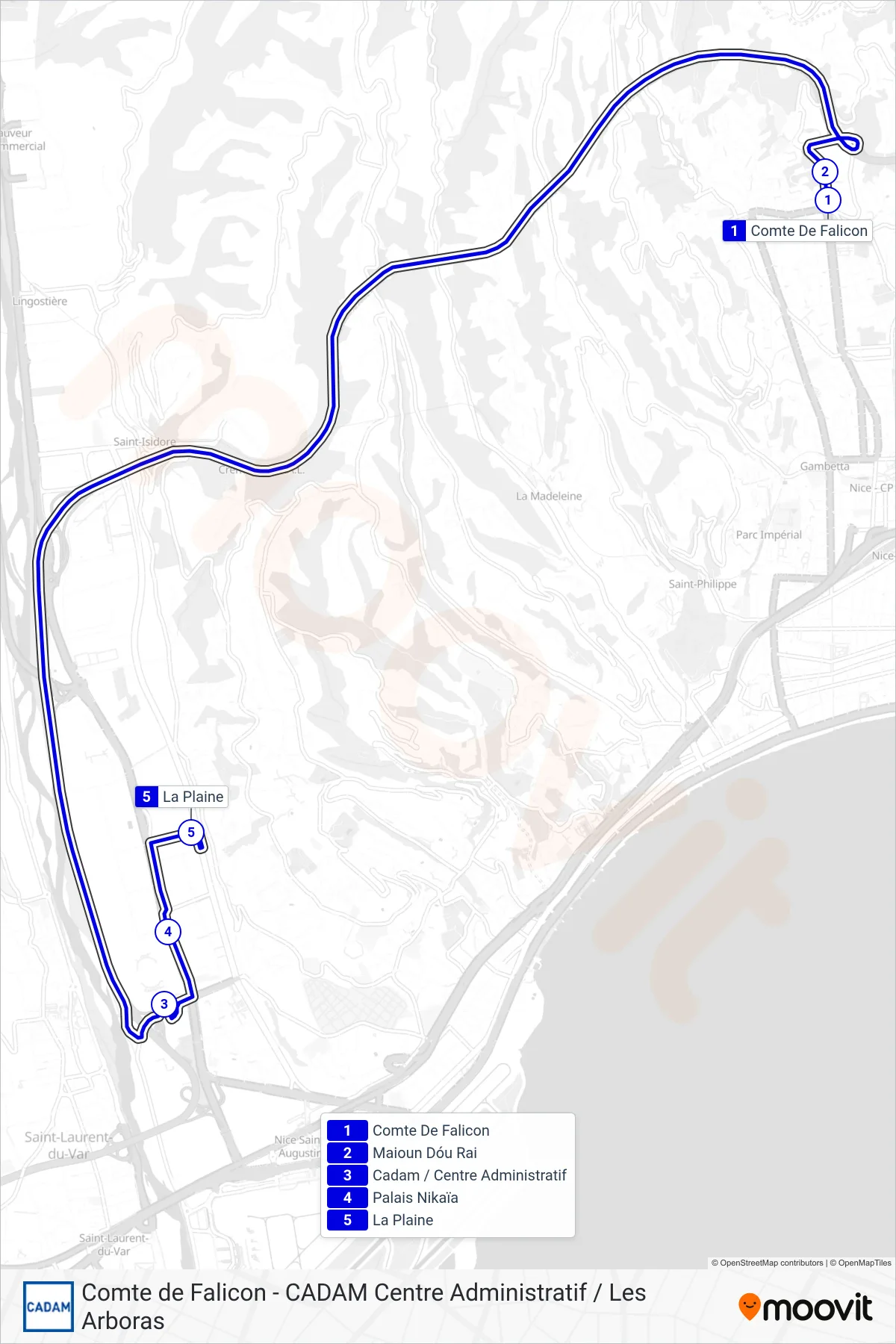 Tracé et arrêts de la ligne CN de bus (Nice La Plaine) sur une carte