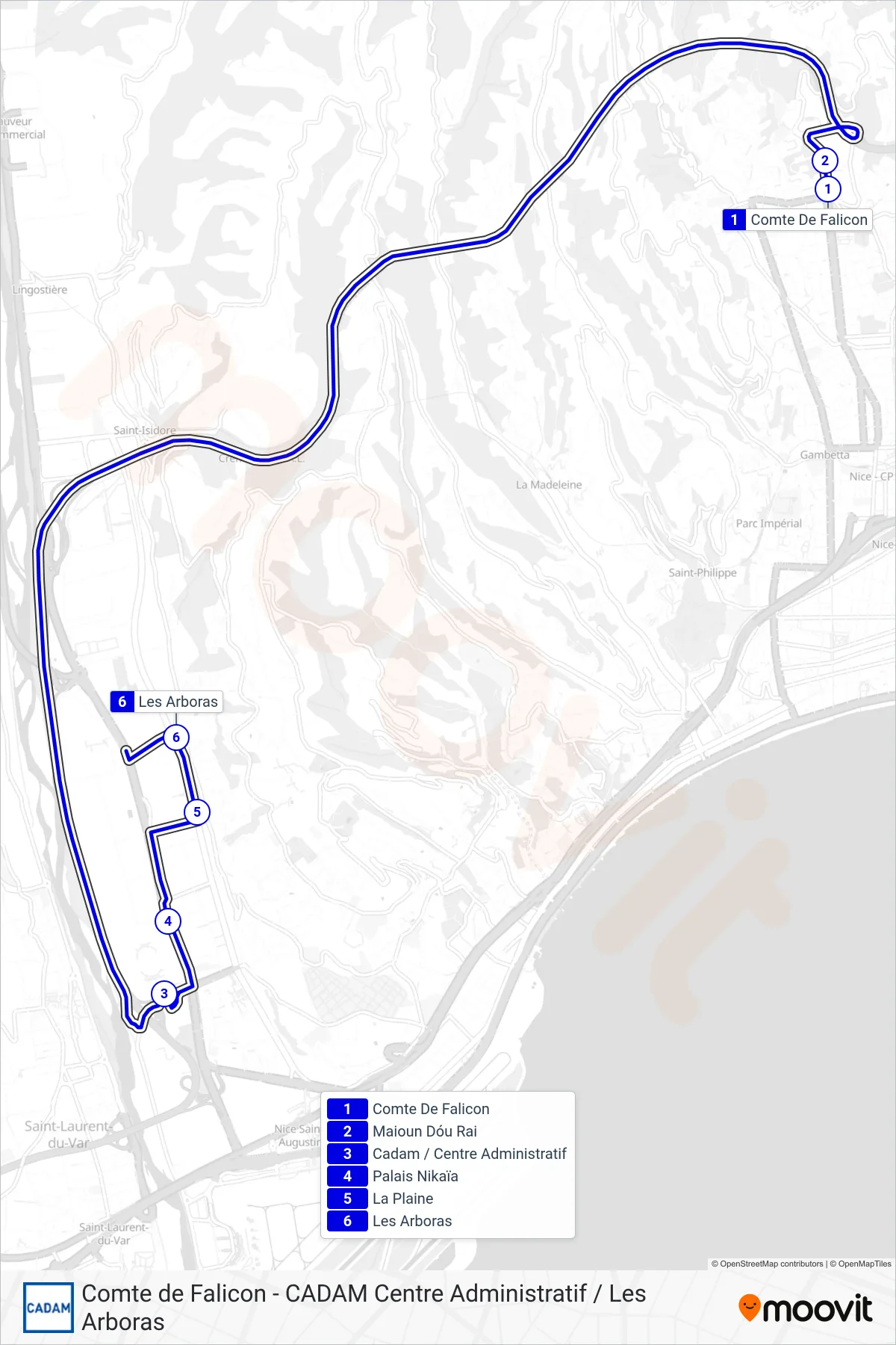 CN bus Line (Arboras / Mercantour) route and stops on a map