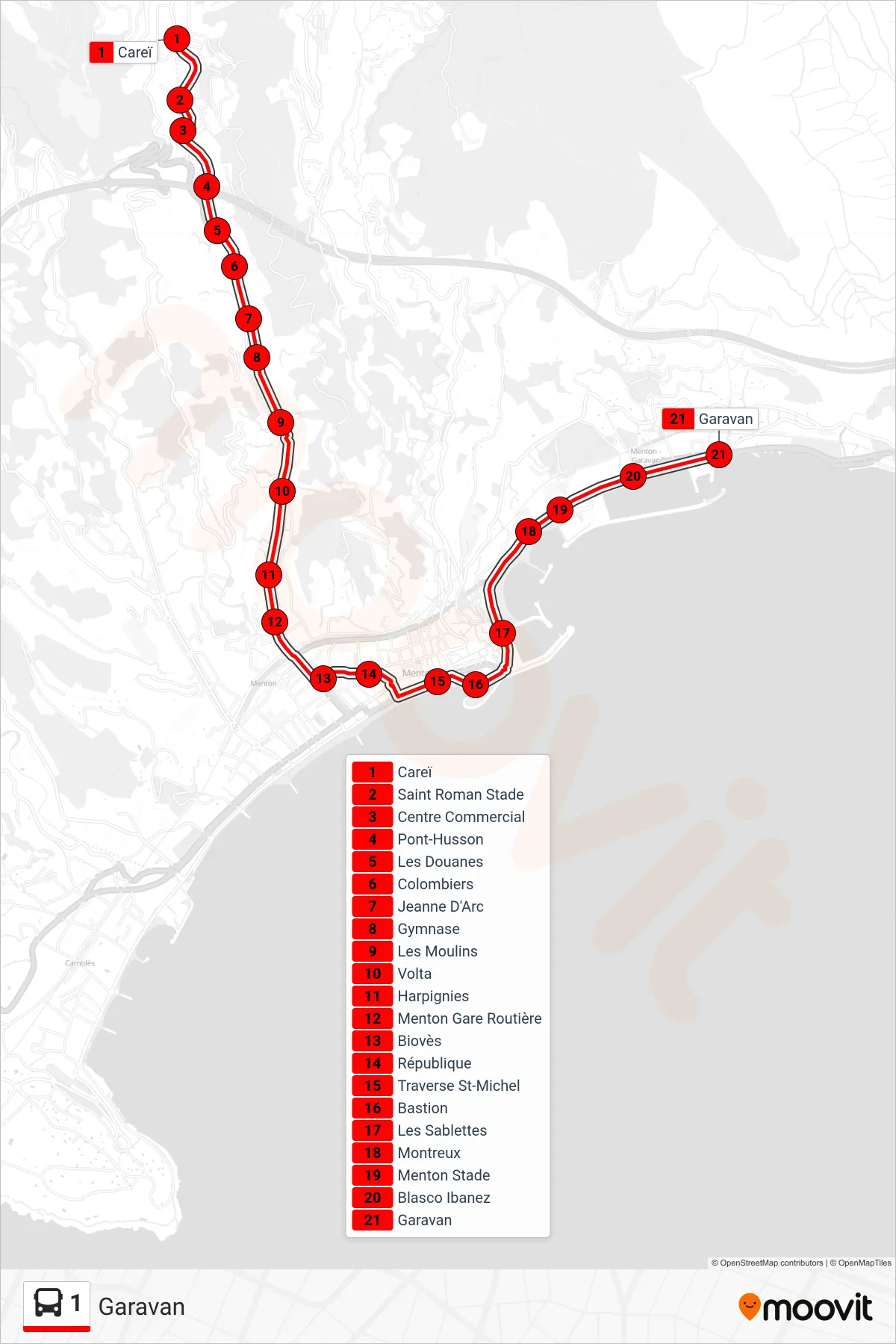 Tracé et arrêts de la ligne 1 de bus (Garavan) sur une carte