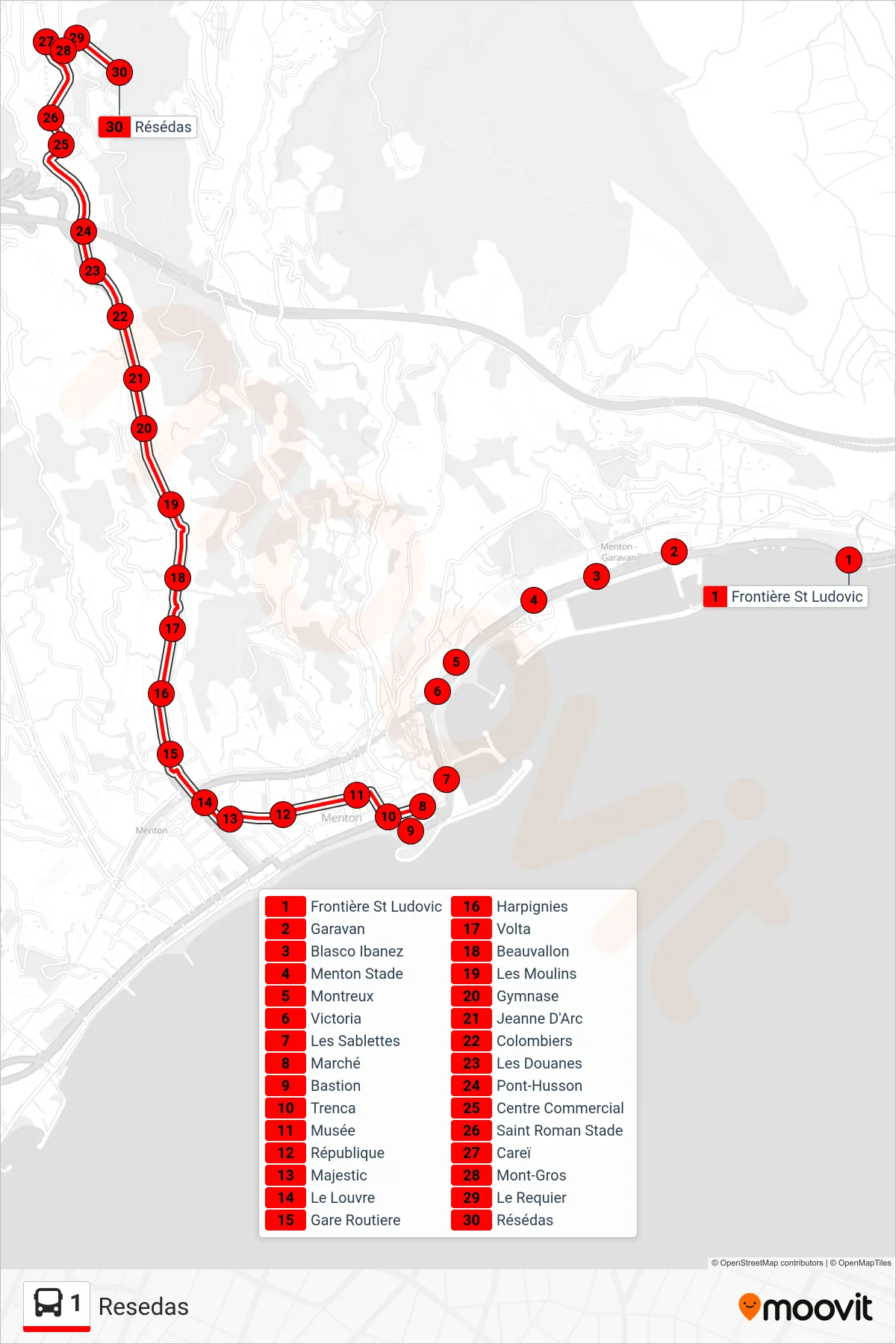 1 bus Line (Resedas) route and stops on a map