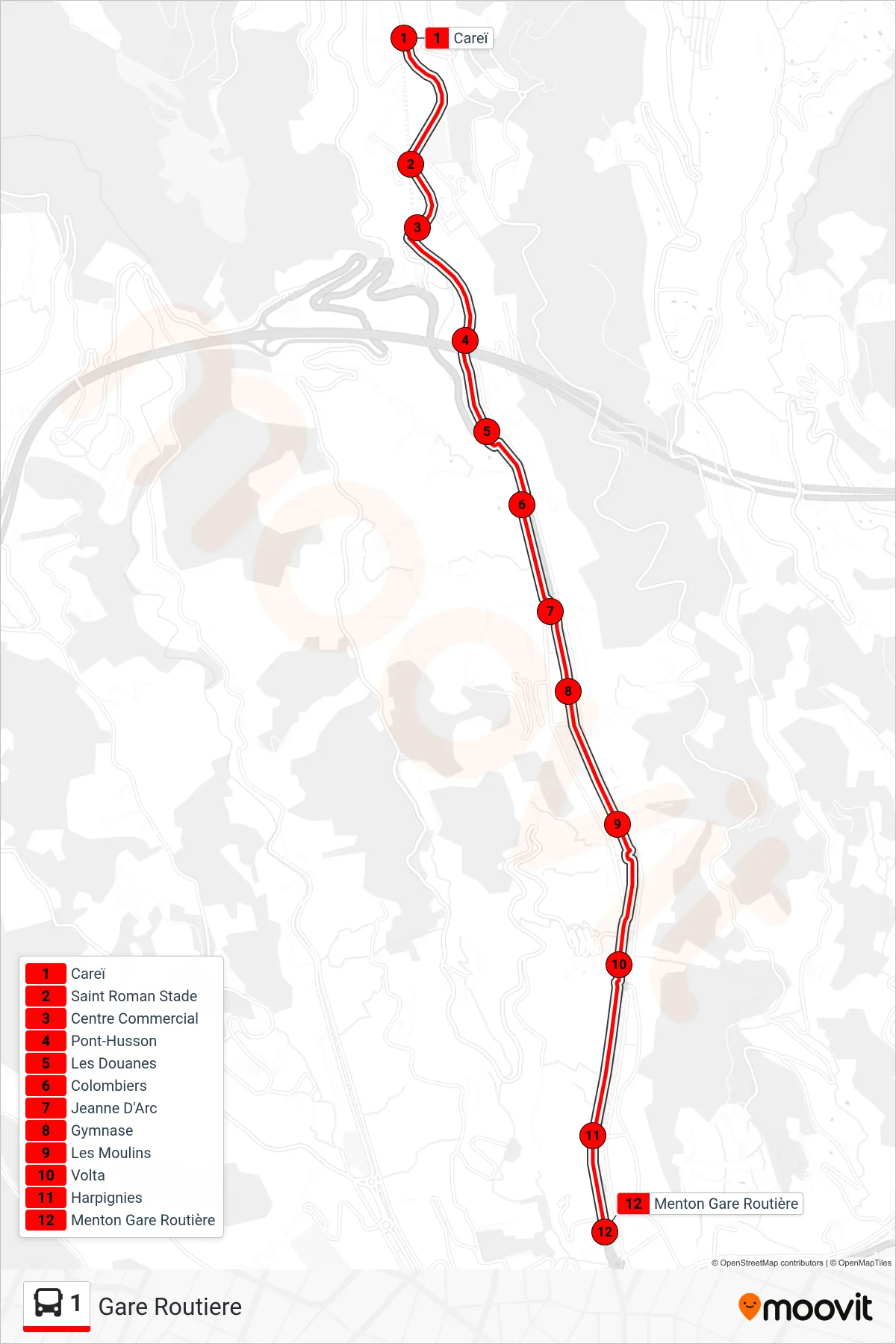 1 bus Line (Gare Routiere) route and stops on a map