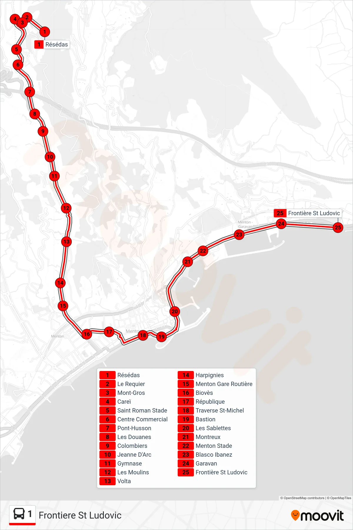 1 bus Line (Frontiere St Ludovic) route and stops on a map