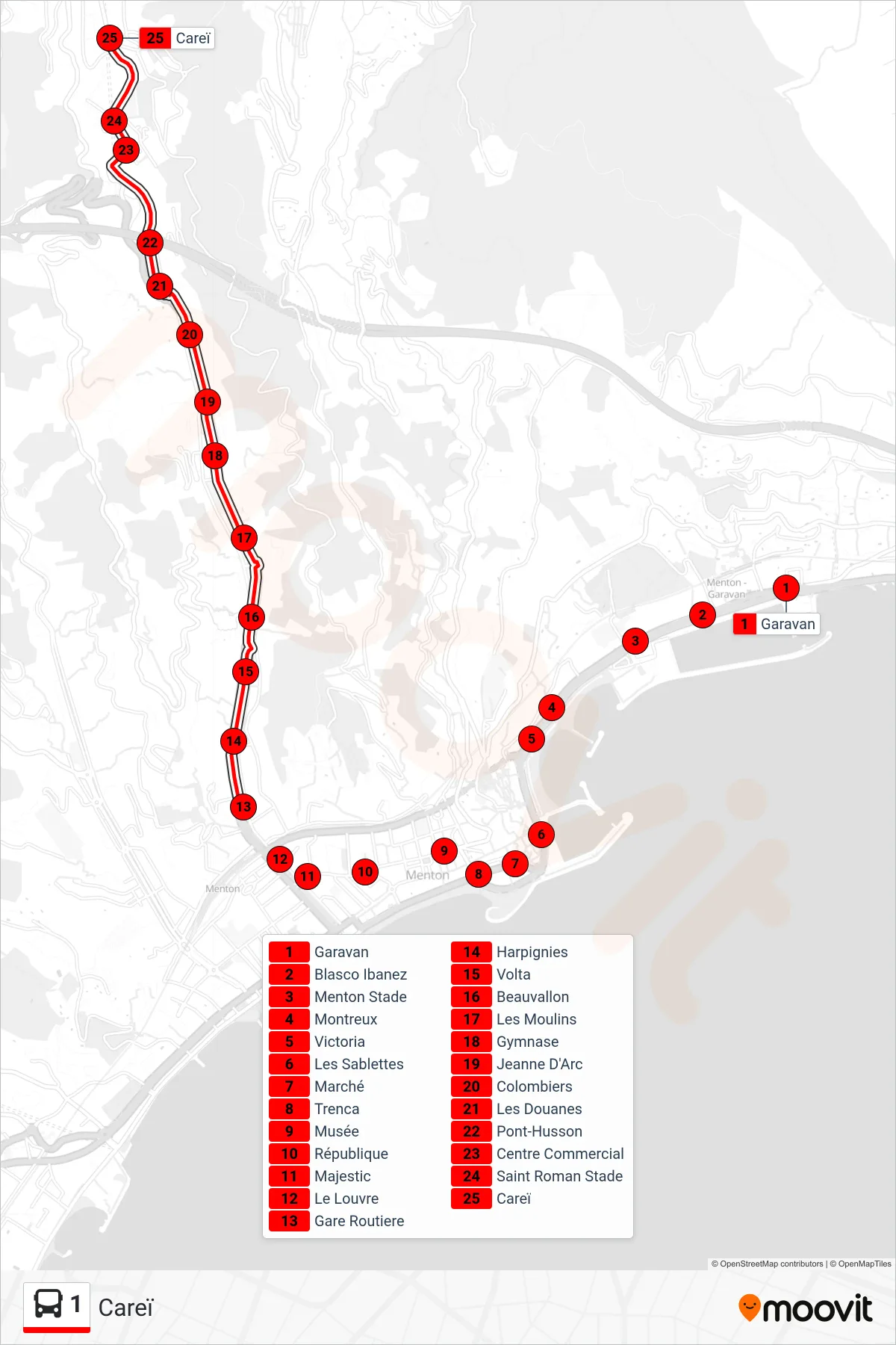 1 bus Line (Careï) route and stops on a map