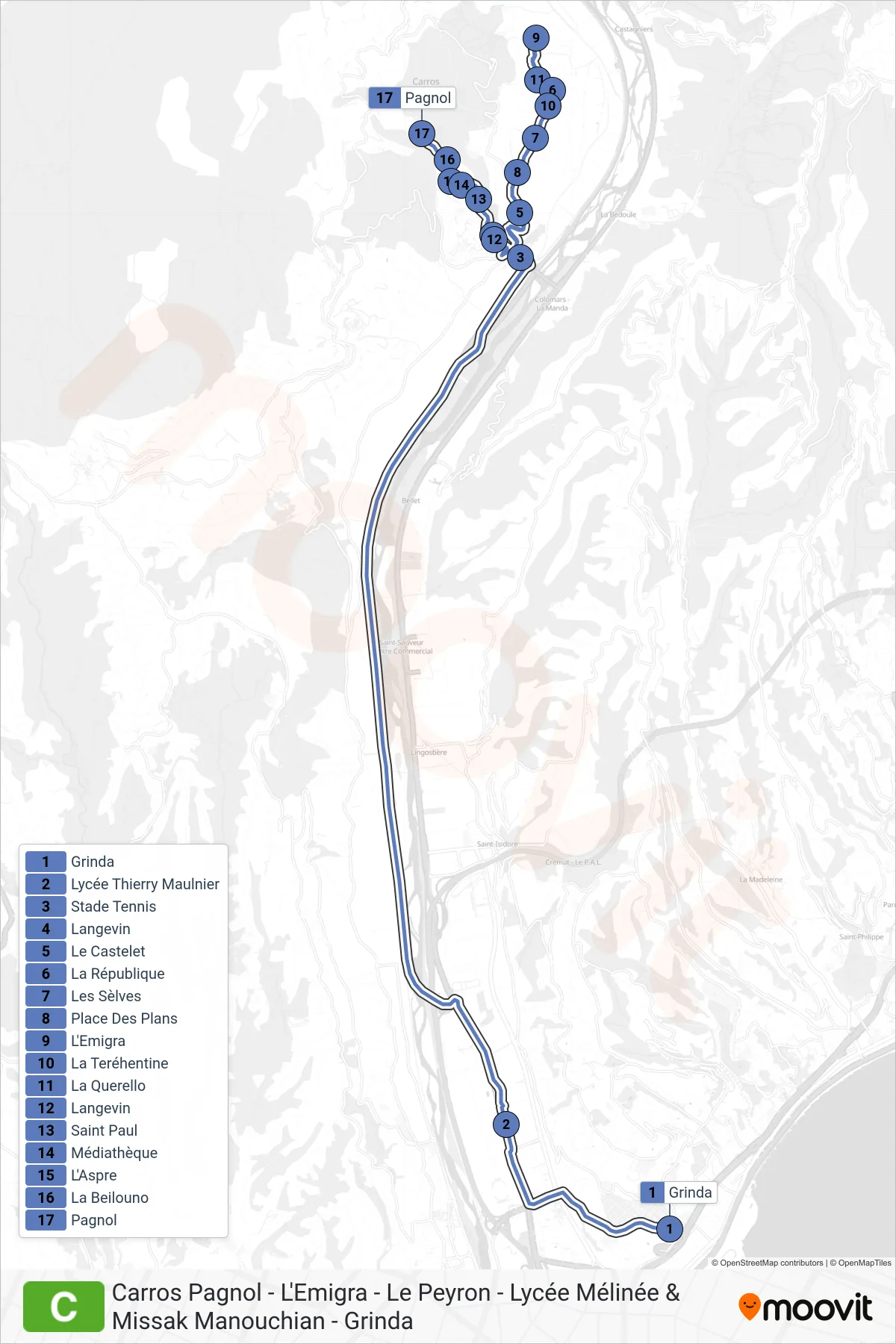 C bus Line (Carros Pagnol) route and stops on a map