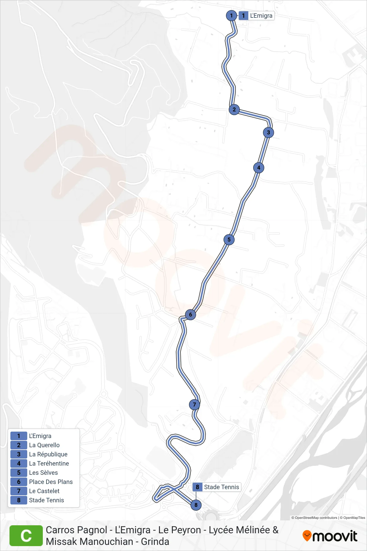 C bus Line (Stade Tennis) route and stops on a map