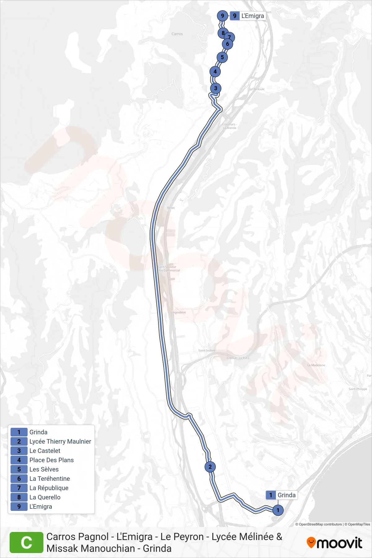 Tracé et arrêts de la ligne C de bus (L'Emigra) sur une carte