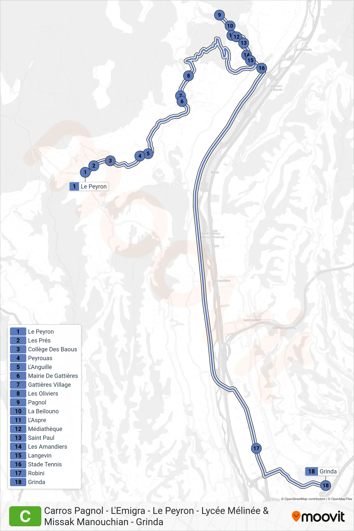 C bus Line (Grinda) route and stops on a map